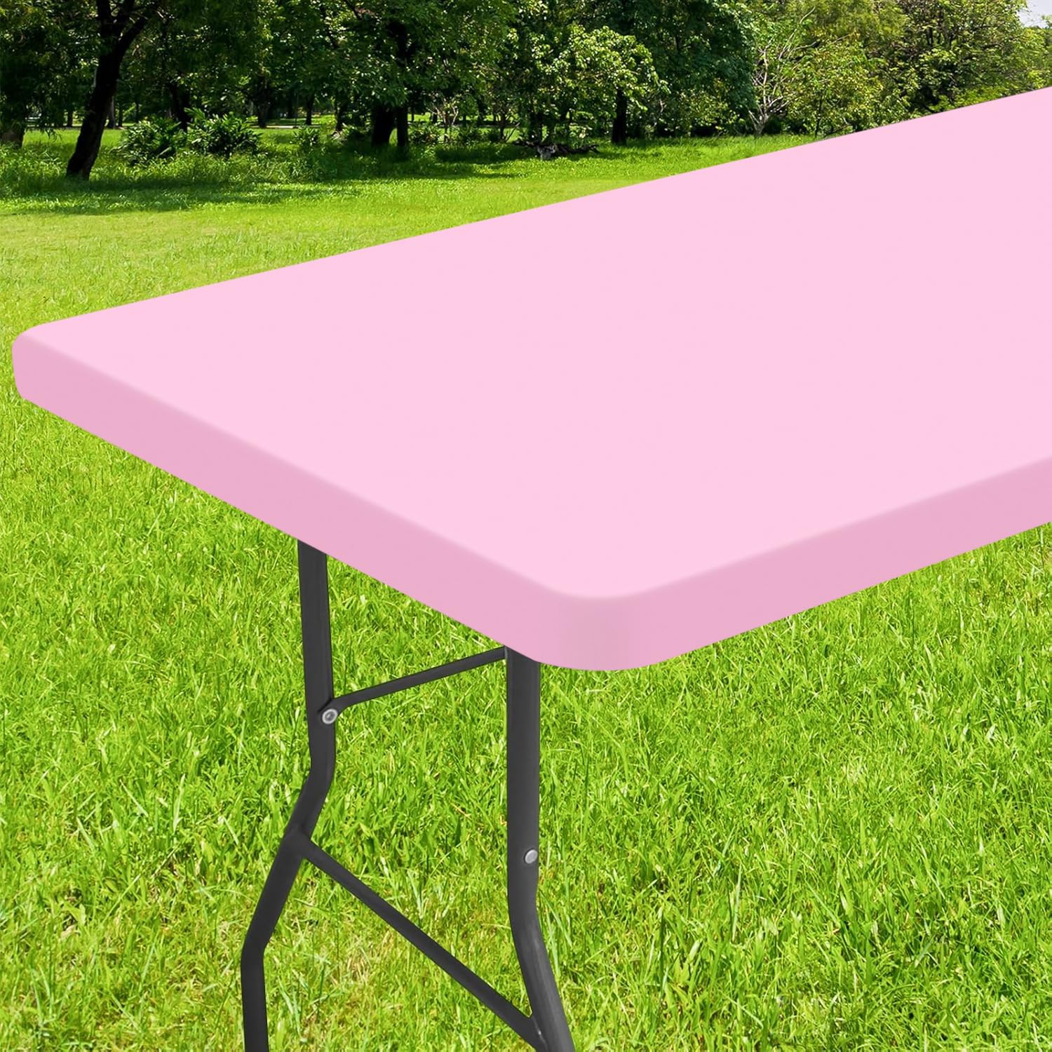 Smiry Rectangle Tablecloth, Elastic Fitted Flannel Backed Vinyl Tablecloths for 4ft Folding Tables, Waterproof Wipeable Table Covers for Indoor, Outdoor, Picnic and Camping (Pink, 30"x48")