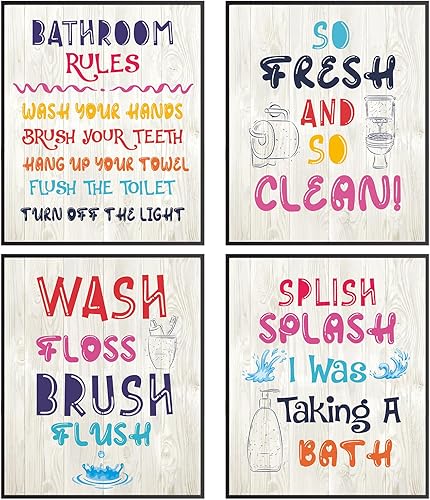 Juego de póster de baño Rainbow Kids – Arte de reglas divertidas, 8 x 10 pulgadas, decoración para niñas y niños pequeños