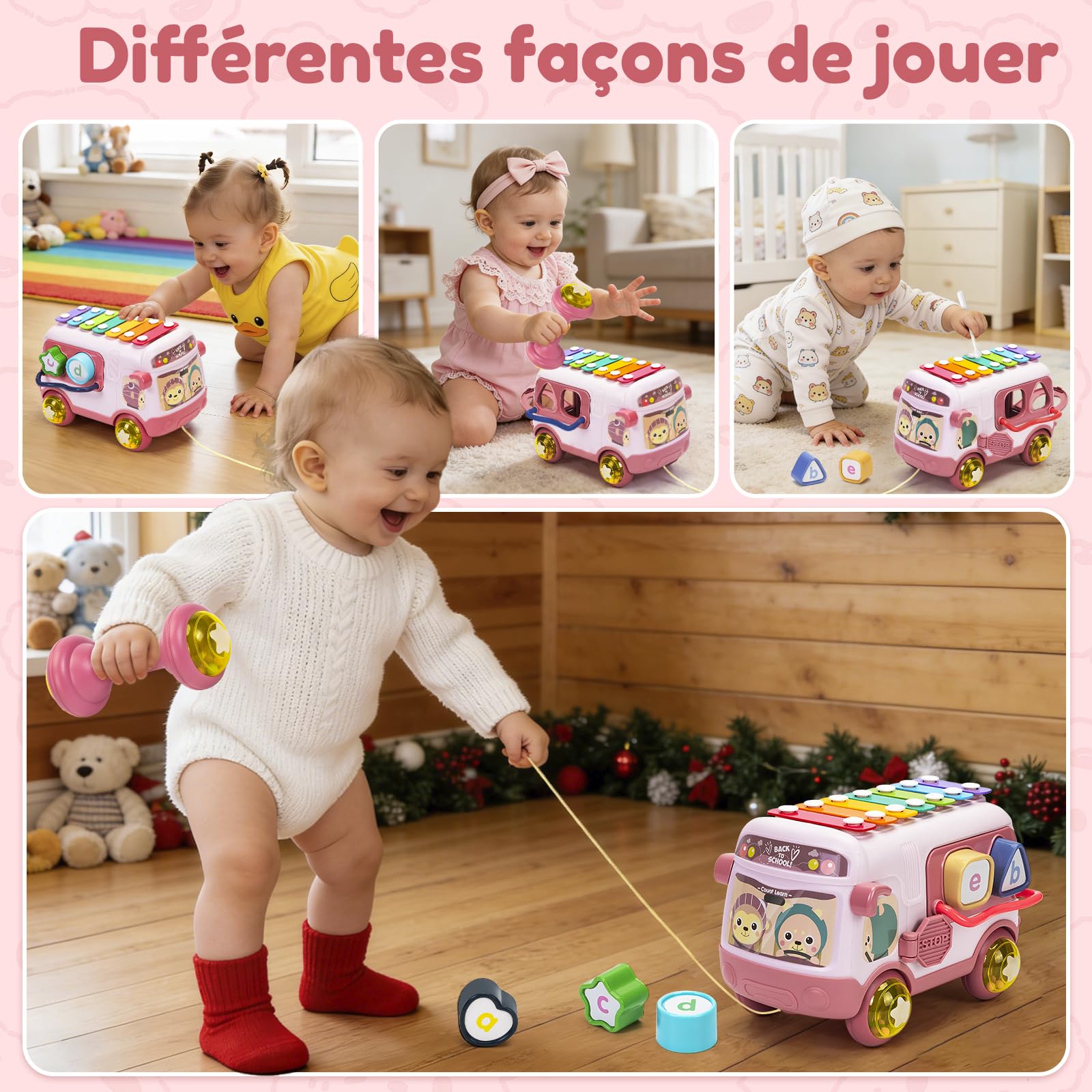 Jouet Fille 1 an, Jouets Bebe 12 à 18 Mois Bus Musicaux Sensoriel avec Xylophone, Trieur de Formes Jouet éducatif précoce, Cadeaux pour Les Enfant 12 Mois+ Rose