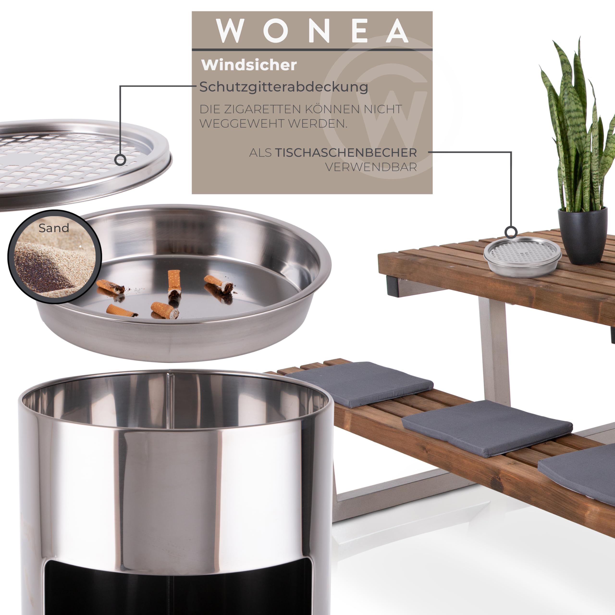 WONEA - 30L Standaschenbecher für draußen Edelstahl Silber Metall 61cm groß Outdoor Aschenbecher mit Mülleimer mit Inneneimer Abfalleimer für draußen, Aschenbecher mit Sand befüllbar