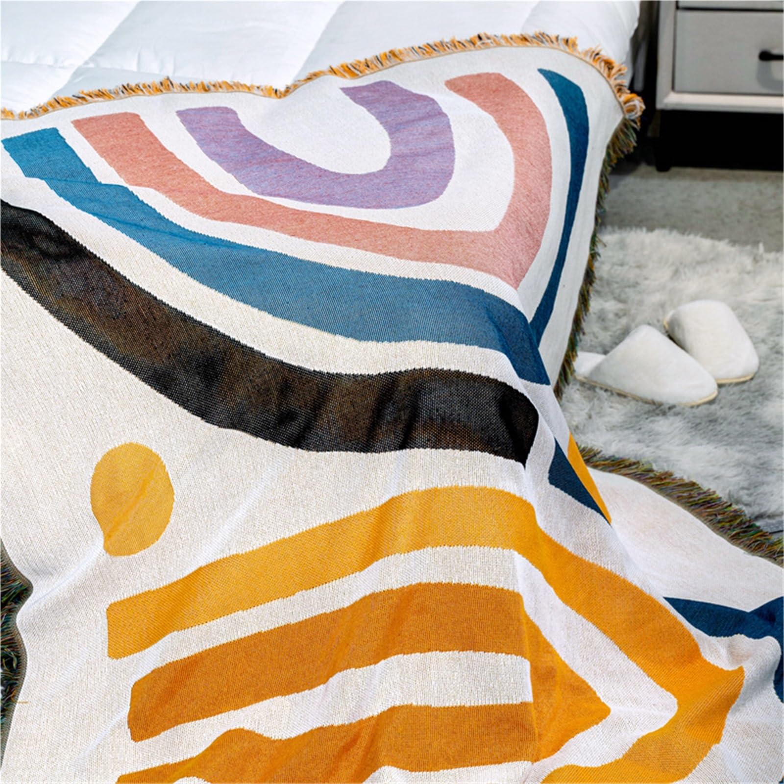 Couverture de pique-nique, tapis de camping, tapisserie jacquard, serviette de canapé simple, couverture de pique-nique multifonctionnelle pour l'extérieur, pour le jardin (160 x 130 cm) (blanc 90 x 9
