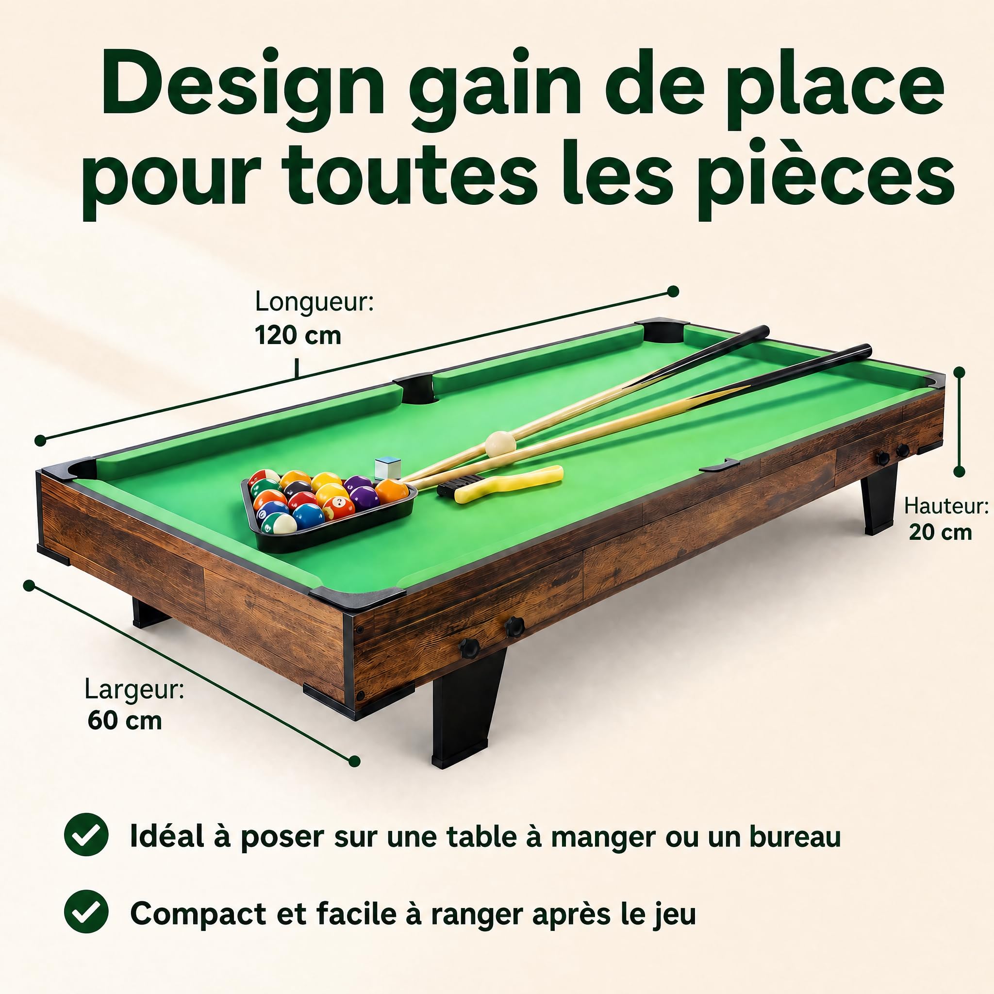 Table de Billard 120cm, Mini Pool avec Accessoires, Snooker Intérieur | Bois de qualité, léger et mobile, design gain de place, montage facile, idéal pour adultes et familles.