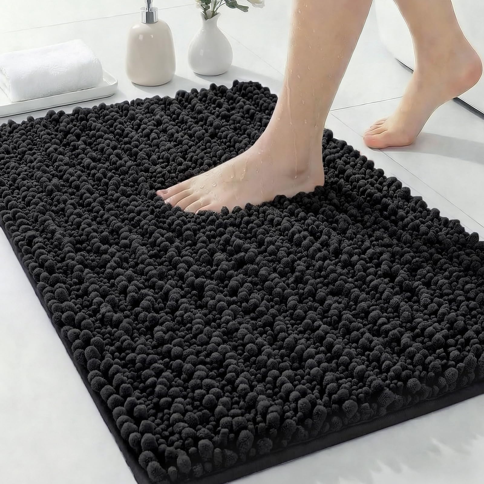 ILANGO Bathroom Rugs Black 24x17,Extra Soft Absorbent Chenille Bath Rugs