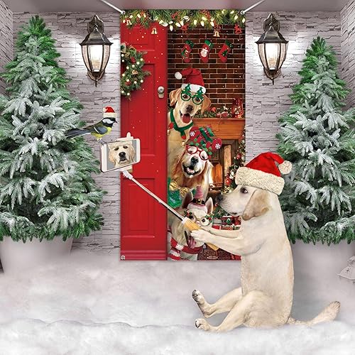 Miniatura 4 de Tiamon Decoración de puerta de Navidad, divertida cubierta de puerta de Feliz Navidad, fondo lindo de perro de Papá Noel para Navidad, fiestas de