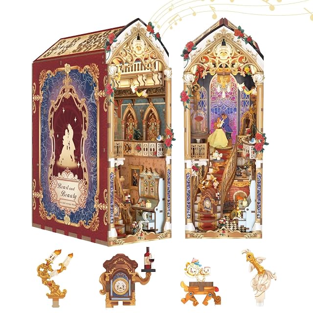 Tonecheer Kit de rincón de Libros para Adultos, Rompecabezas de Madera 3D para sujetalibros, Kit de casa en Miniatura, decoración de estantería con Cubierta Antipolvo y Luces LED(Bestia y Belleza