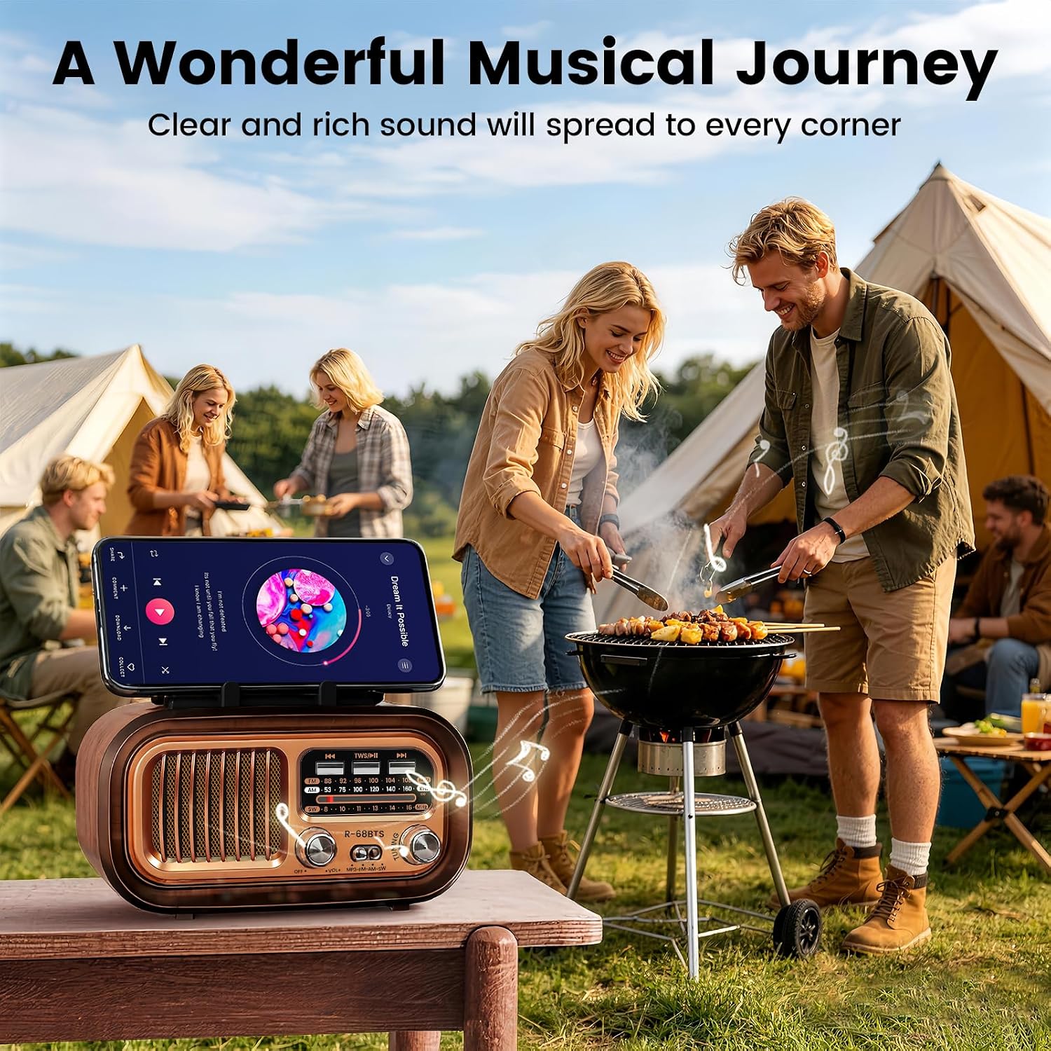 Retro Bluetooth Radio with Solar/D Battery Operated/USB Rechargeable， AM/FM/SW,TWS, USB/TF Playback, Phone Stand & Portable Speaker - Perfect for Outdoor/Home Use