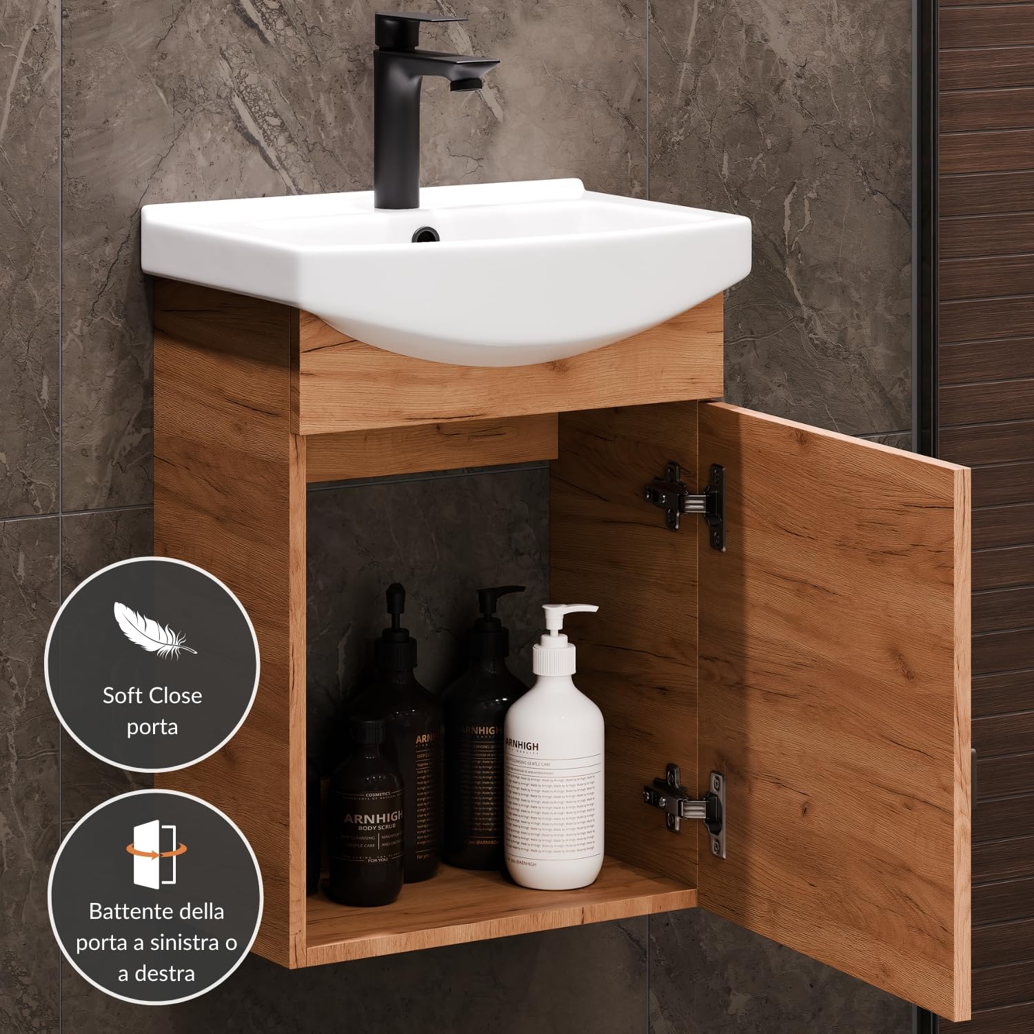 Planetmöbel Set di mobili da bagno lavabo con mobiletto 45 x 60 x 33 cm, specchio con illuminazione 50 x 90 cm per WC ospiti, rovere oro