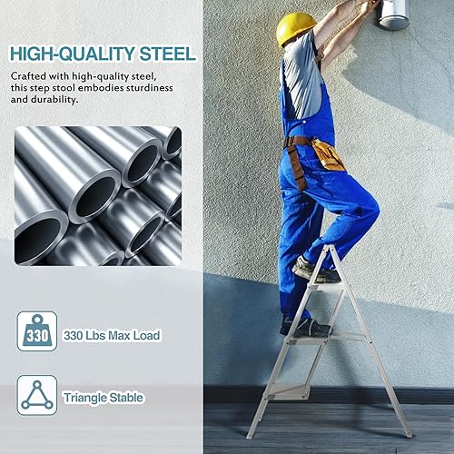Miniatura 3 de BOCOM Escalera de 3 escalones, ligera, portátil, plegable, plegable, resistente, de acero con pedal ancho antideslizante, capacidad de 330 libras,