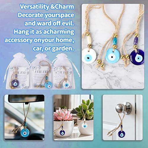 Miniatura 6 de Juego de 24 llaveros azul turco contra el mal de ojo con tarjetas de regalo, bolsas de organza, dijes de buena suerte, decoración y protección