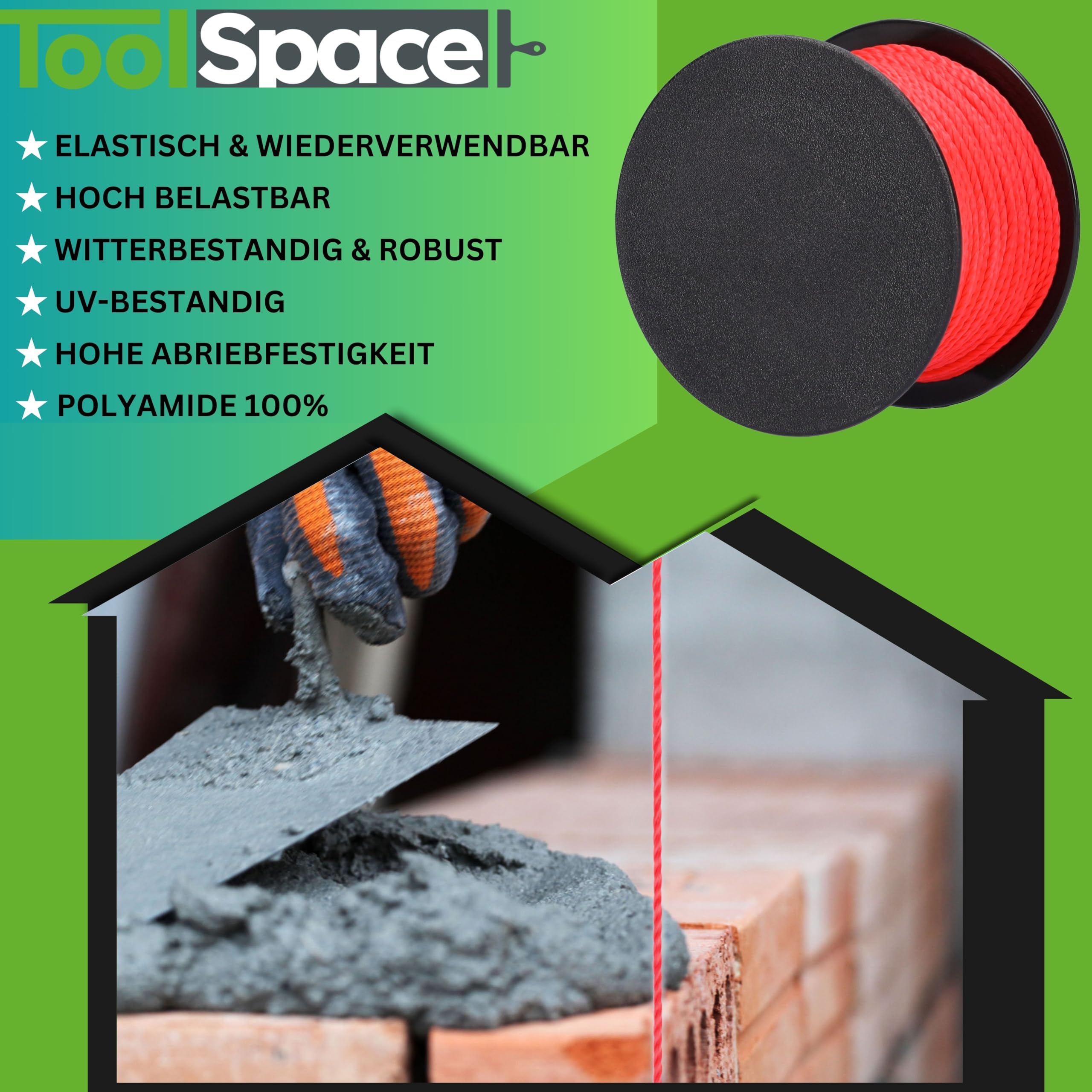 ToolSpace Maurerschnur Bauschnur - 100m x 1.6 mm - Rot - Polypropylen-Seide - Richtschnur - Lotschnur - Stärke Pflasterschnur - langlebig & reißfest - Maurerschnur für Wasserwaage