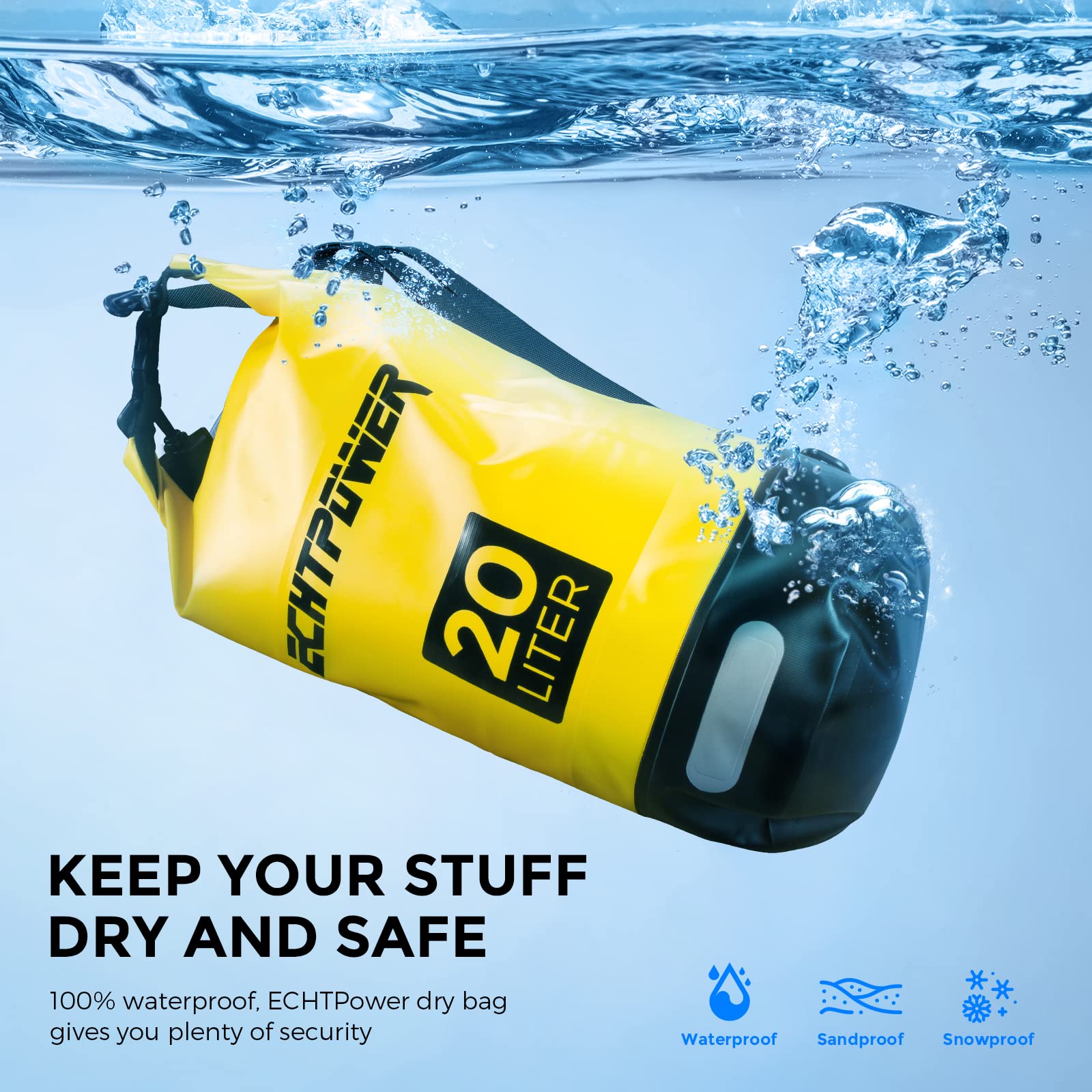 ECHTPower Borsa Impermeabile 5L/10L/20L, Dry Bag Sacco Impermeabile con Tracolla Regolabile, con Custodia Impermeabile, Marsupio 100% impermeabile per Mare,Barca,kayak,Rafting,Pesca,Campeggi