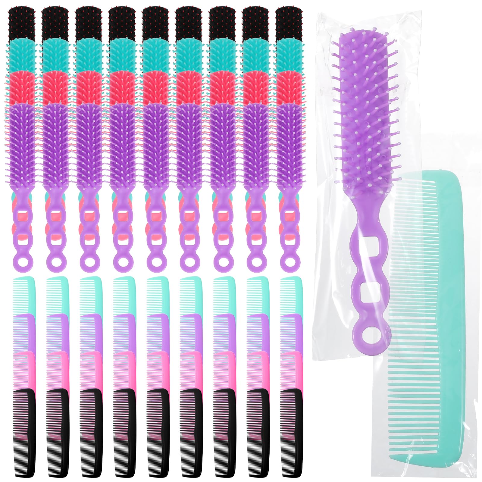 72 Pcs Bulk Hair Brushes Combs Set - 36 Detangling Hairbrushes & 36 Styling Combs Individually Wrapped for Hotels, Homeless Shelters, Nursing Homes, Charity Donations (Multicolor Assortment)