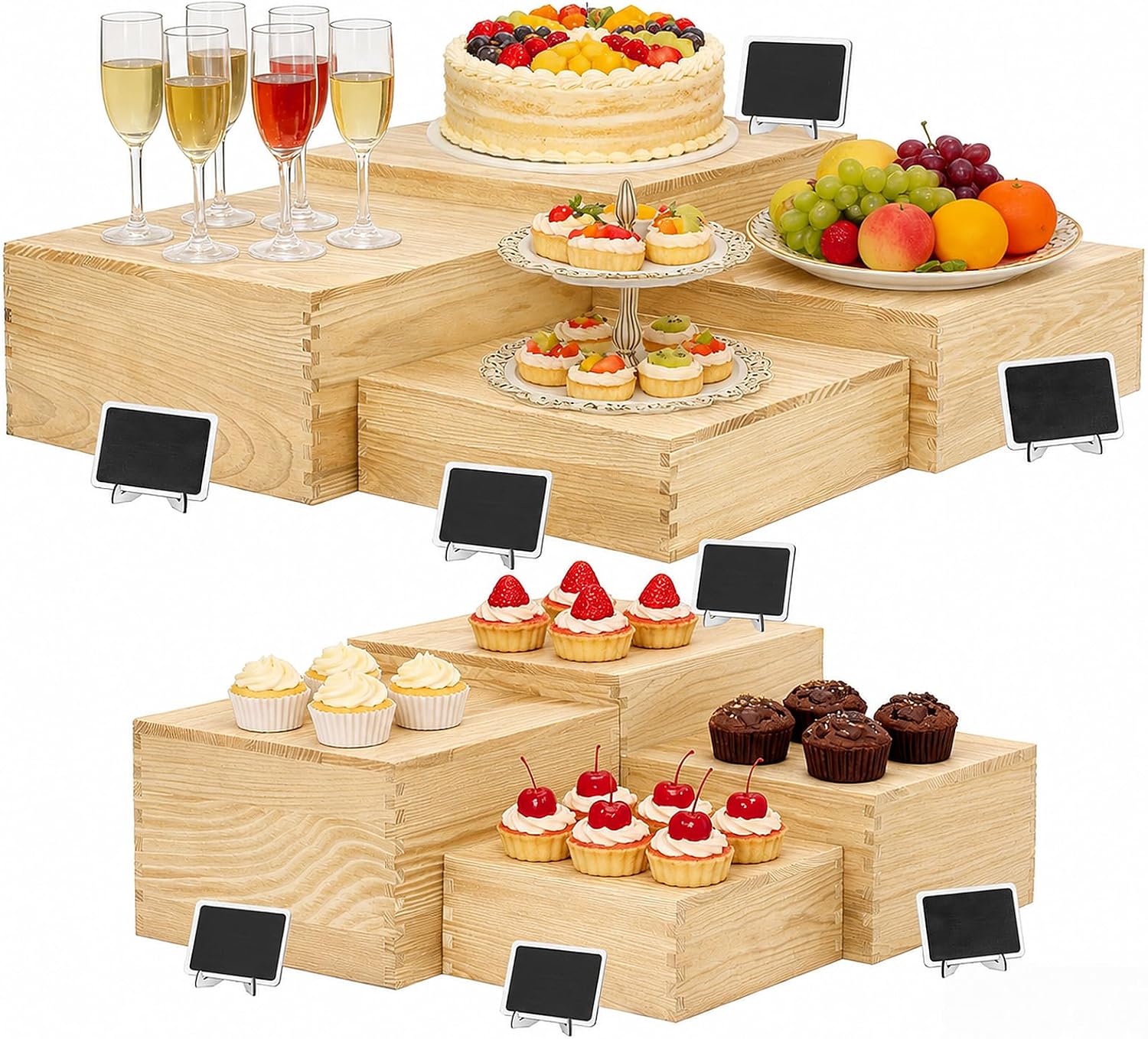 8 Pack Wooden Buffet Risers Cupcake Stand Buffet Display with Mini Signs