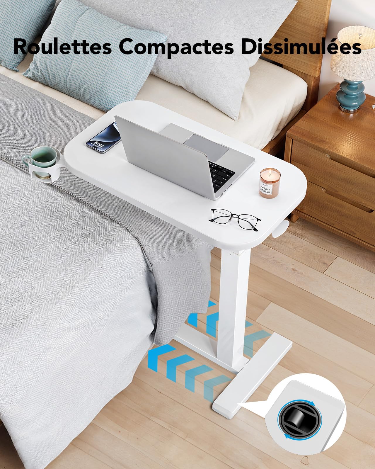 HUANUO Table d'Appoint à roulettes 70 x 40 cm, Petite Table d'appoint pneumatique Mobile pour Ordinateur Portable avec Porte-gobelet, idéale pour Le télétravail