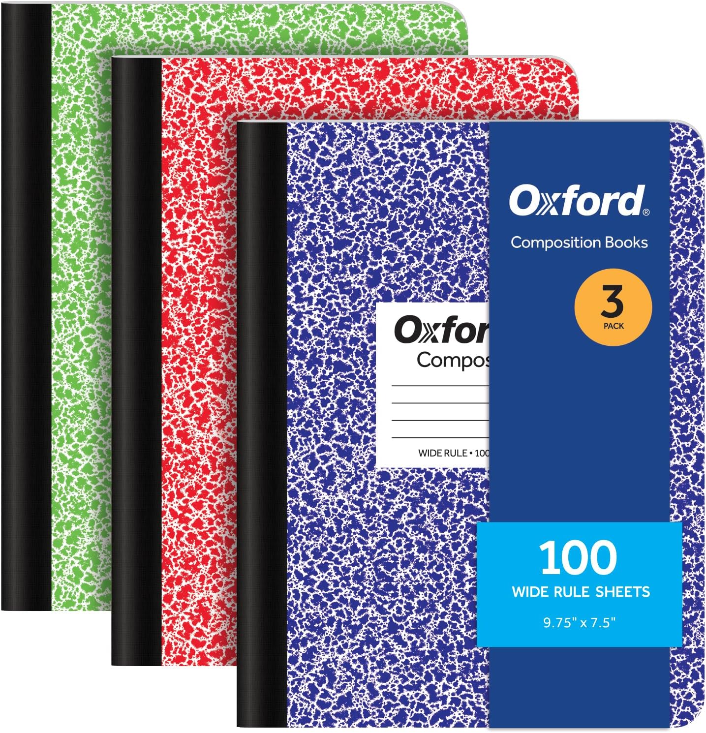 Oxford Composition Notebooks, 9-3/4 x 7-1/2 Inch School Journals, Wide Ruled Paper, Primary Color Marble Covers, 100 Sheets per Book, 3 Pack (1002517) Oxford Composition Notebooks, 9-3/4 x 7-1/2 Inch School Journals, Wide Ruled Paper, Primary Color Marble Covers, 100 Sheets per Book, 3 Pack (1002517)