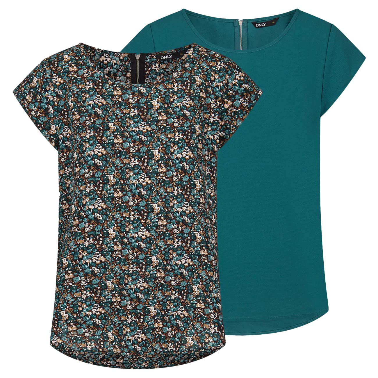 Only ONLVIC - Pack de 2 Camisetas básicas para Mujer, Cuello Redondo, Corte Regular, Blusa de Manga Corta, Parte Superior con Cremallera, Estampado de Verano