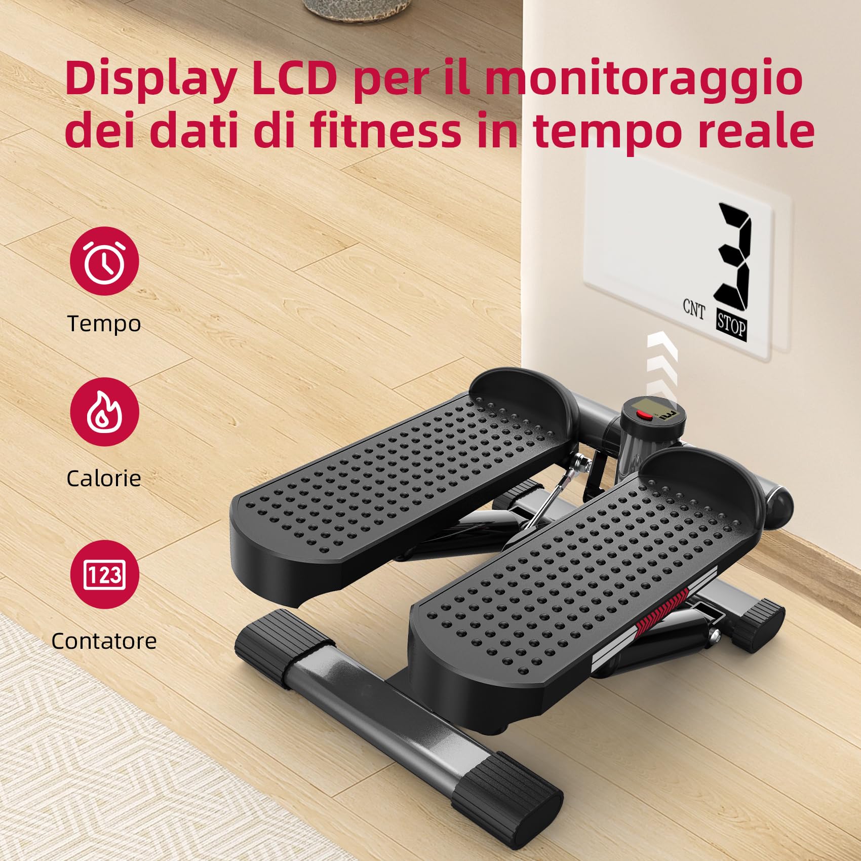 ST1 Mini stepper per casa, 2 in 1 Up-Down Swing Stepper con Power Ropes, display LCD, resistenza regolabile, allenamento gambe e braccia, silenzioso e compatto, carico massimo 100 kg