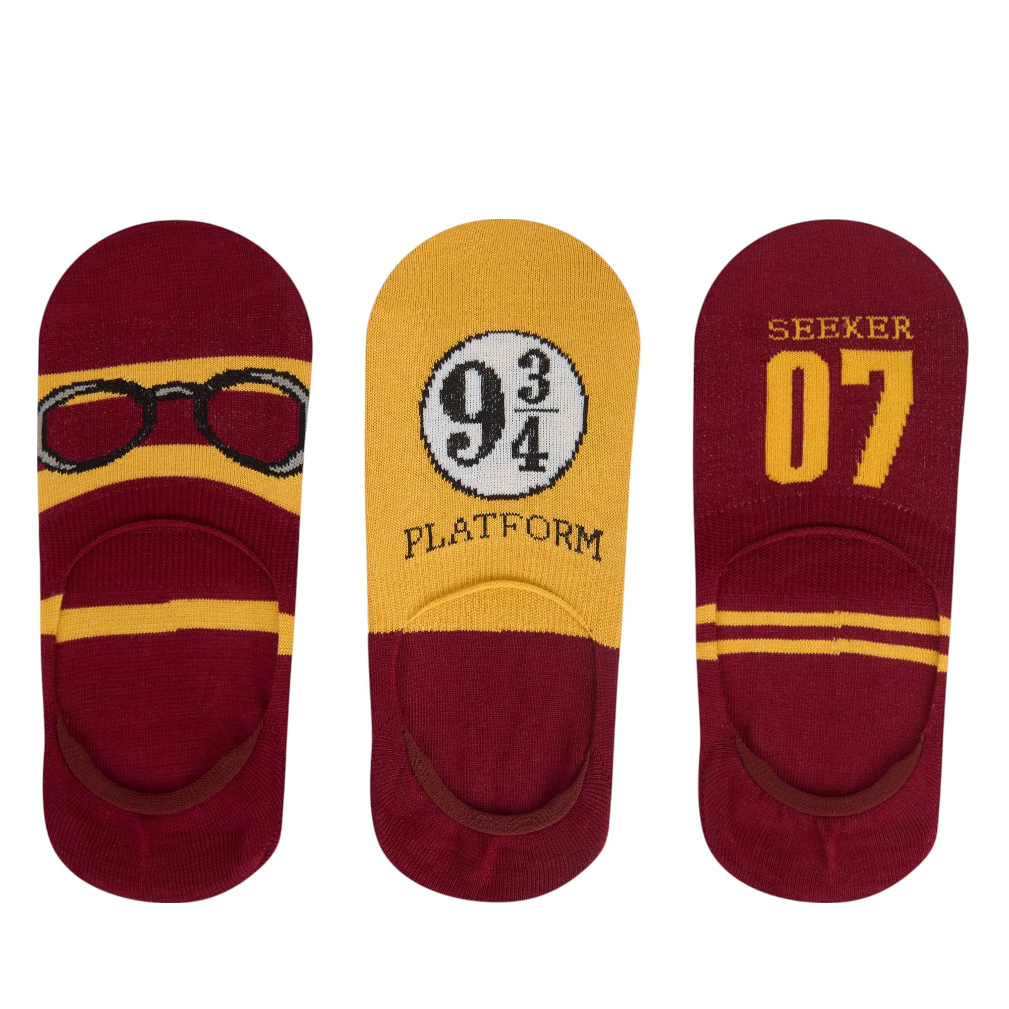 SocksXpress Harry Potter Potter 07, Lightning Bolt & Glasses, Platform 9 3-4 No Show Socks for Women | Made with Cotton and Spandex (Pack of 3)- Yellow & Maroon