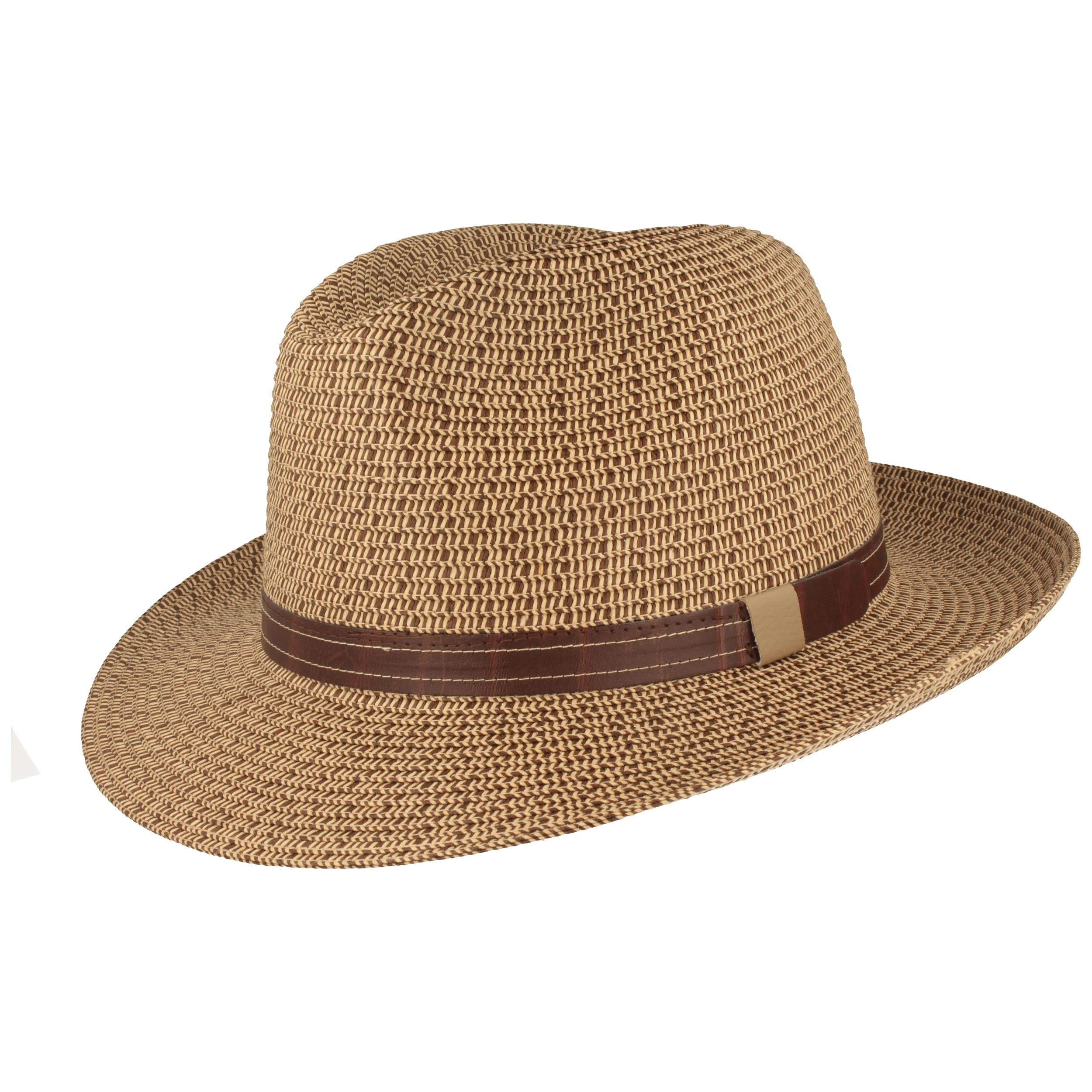 Strohhut Bogarthut Sommerhut Sonnenhut aus 100% Papier knautschbar Besonders Leicht, Flexibel, Hautfreundlich Bequem Braun meliert Kunstlederband, S