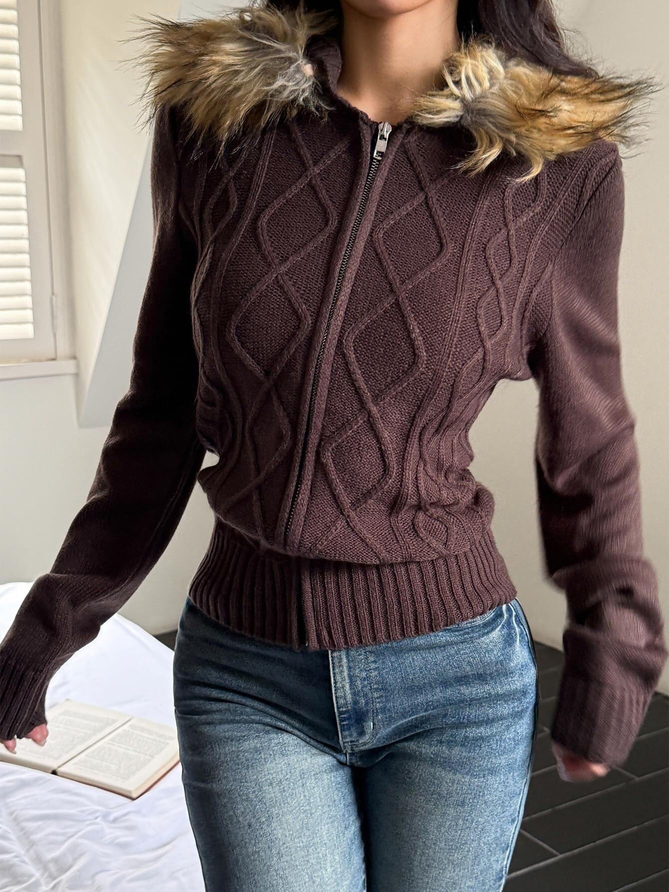 Maglione da donna Y2k con zip e collo di pelliccia, grosso, taglio grosso, cardigan lavorato a maglia, per adolescenti, emo, grunge, anni 2000, abbigliamento vintage streetwear