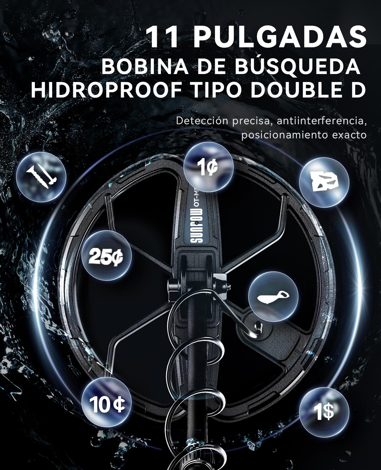 SUNPOW Detector de Metales Recargable - Bobina D Doble de 11 Pulgadas | Batería de Litio de 35h, 10 Niveles de Sensibilidad, 4 Modos de Búsqueda, 7 IDs de Metales, con Pala, Mochila y Audífonos
