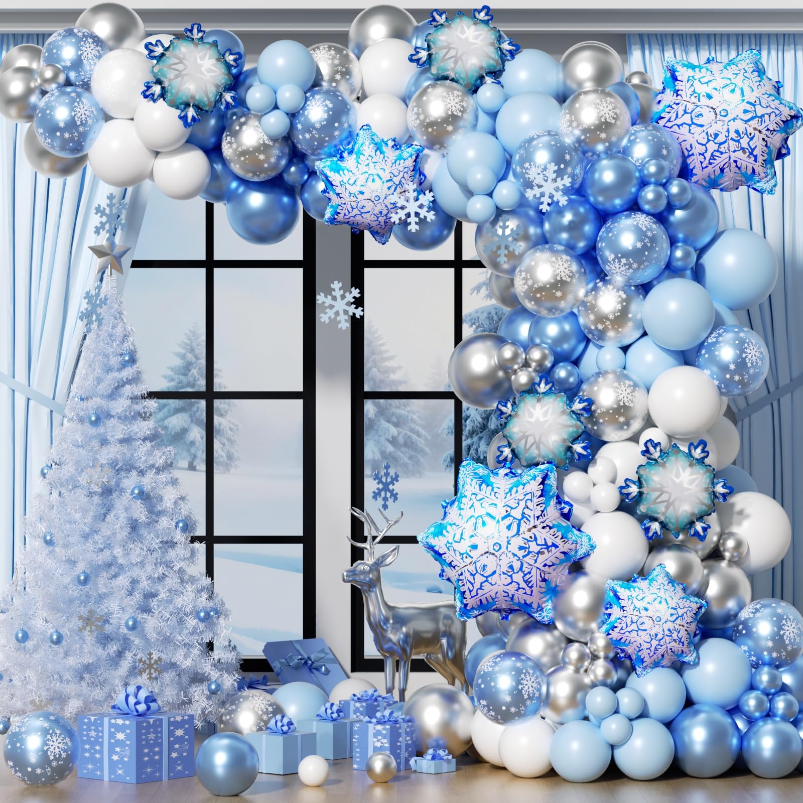 Snowflake Balloon Arch Garland Kit 182pcs, Frozen Balloon Arch Kit Silver Blue White Wonderland Balloons for Winter Wonderland Christmas Baby Shower Snow Princess Birthday Party Decorations