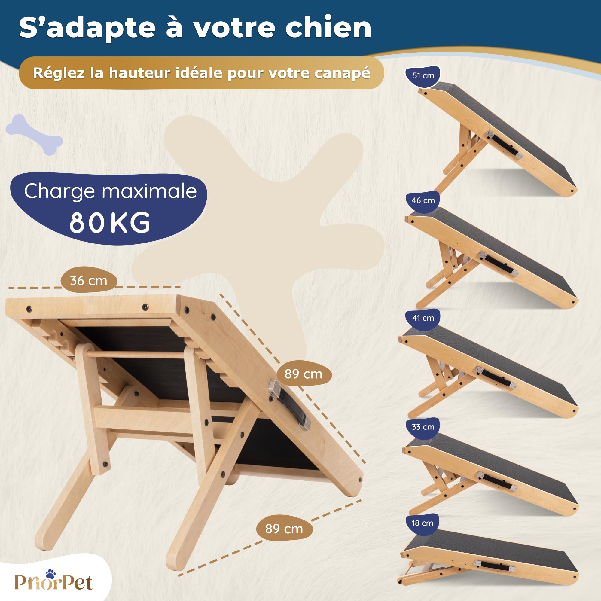 Rampe pour Chien de Petite ou Grande Taille - Surface antidérapante - Rampe Pliable et Réglable de 18 à 53 cm - pour lit et Canapé - La Plateforme se connecte Parfaitement - Bois de Bouleau - Naturel