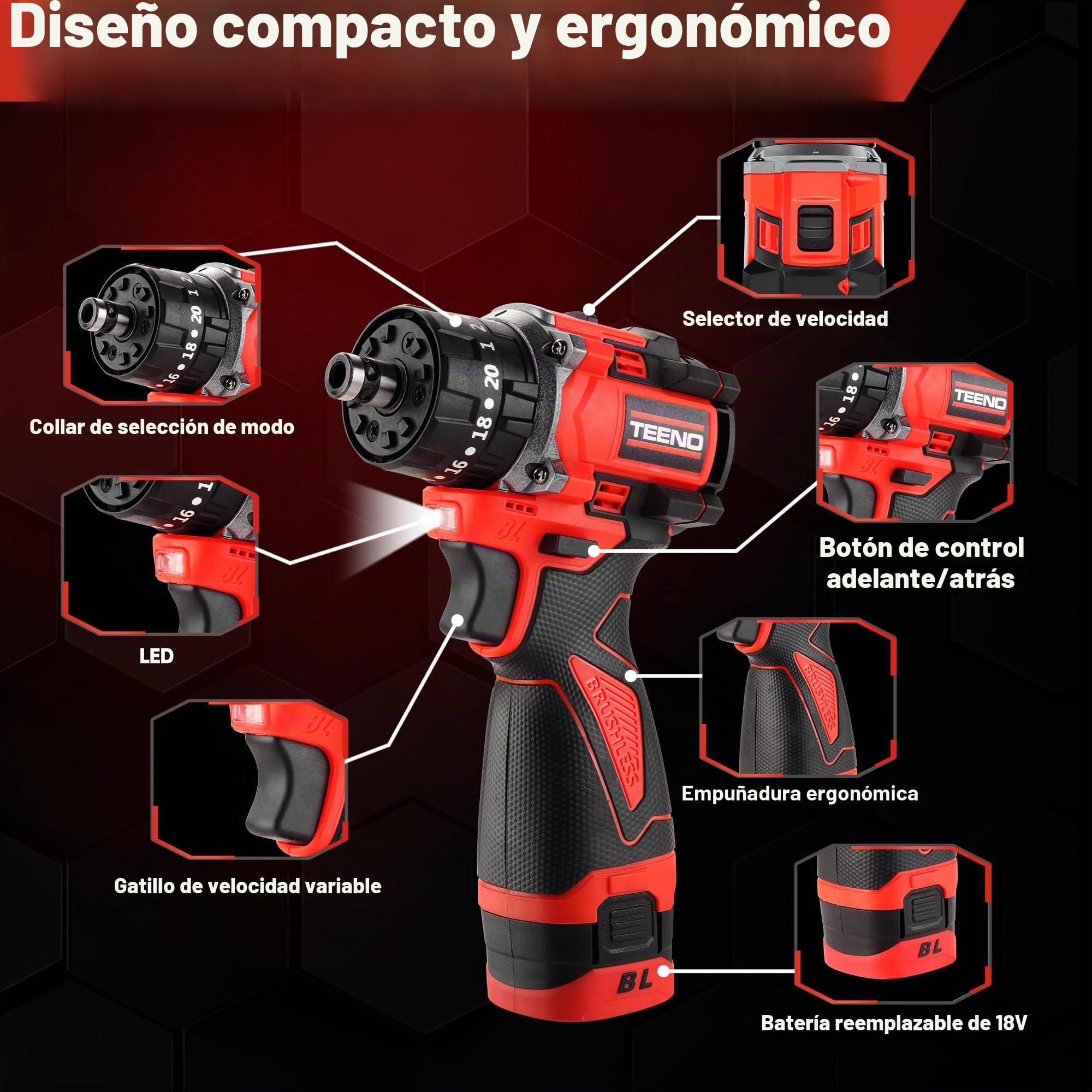 TEENO Taladro Percutor a Batería 18V Sin Escobillas, Kit de Destornillador Eléctrico, 20+3 Velocidades, Max 45Nm, con Adaptador de Desplazamiento, Mandril de Sujeción Rápida, LED