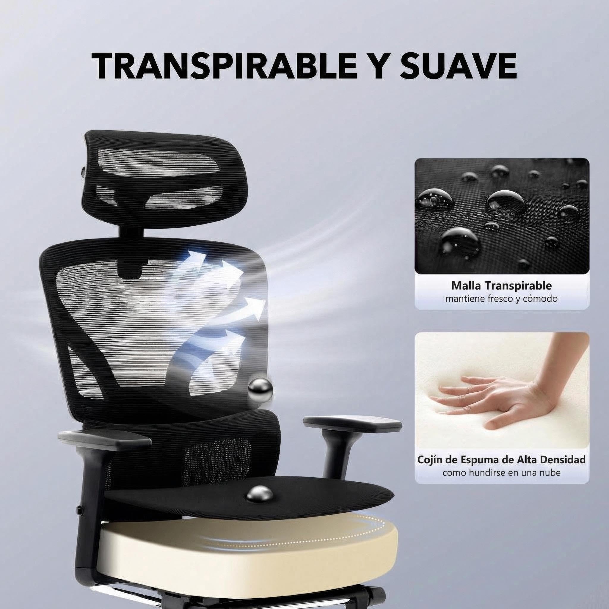 Garvee Silla Escritorio Ergonómica con Base Metálica Sin Color | Con Soporte Lumbar Ajustables,Reposacabezas y Apoyabrazos,Malla Giratoria,Reclinable y Móvil,Carga máx. 136 kg,Con reposapié
