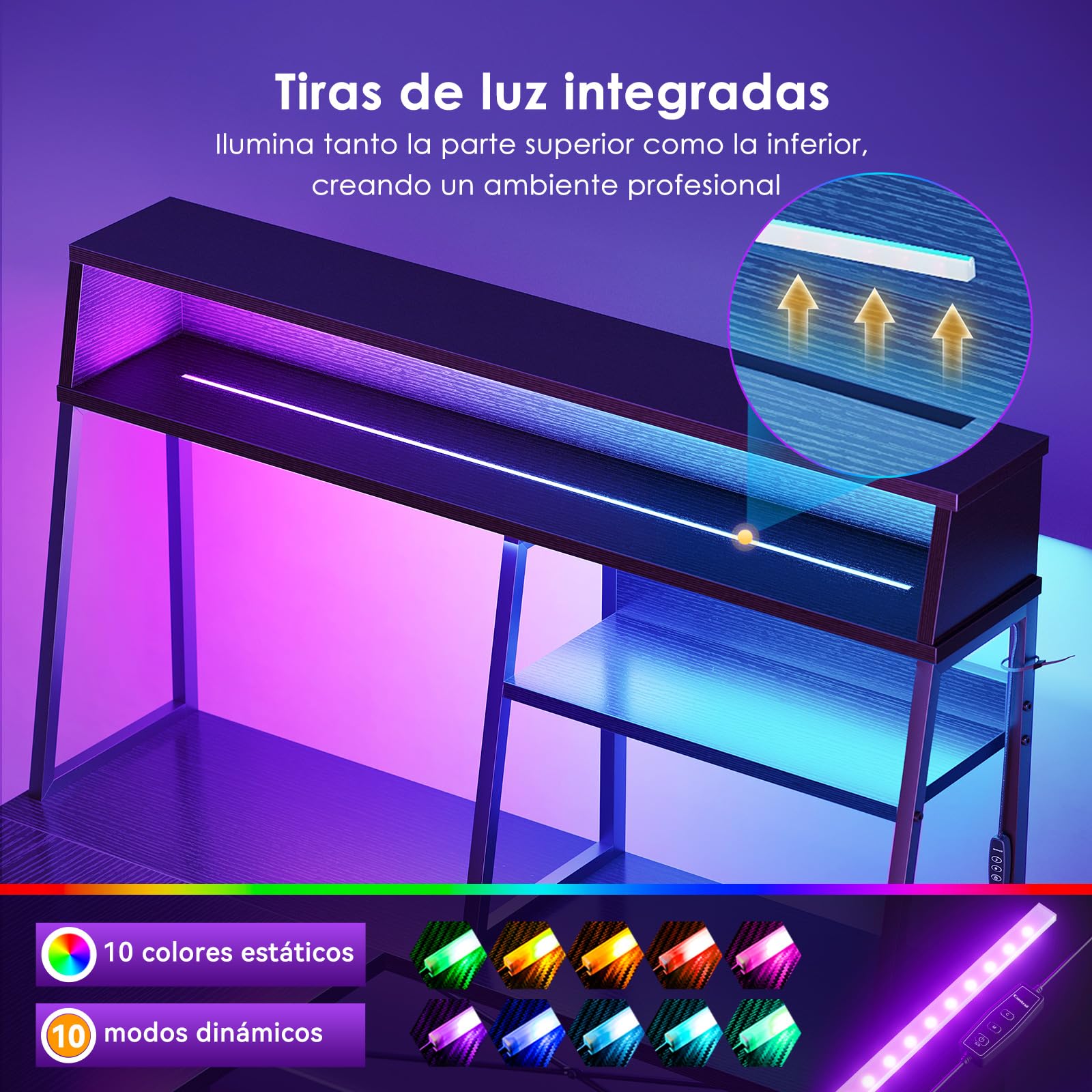 Coleshome Escritorio Gaming en L con LED, 130x100cm Escritorio Gamer Reversible con Estantes, Escritorio Esquinero con Bolsa de Almacenamiento y Gancho para Jugadores, Negro