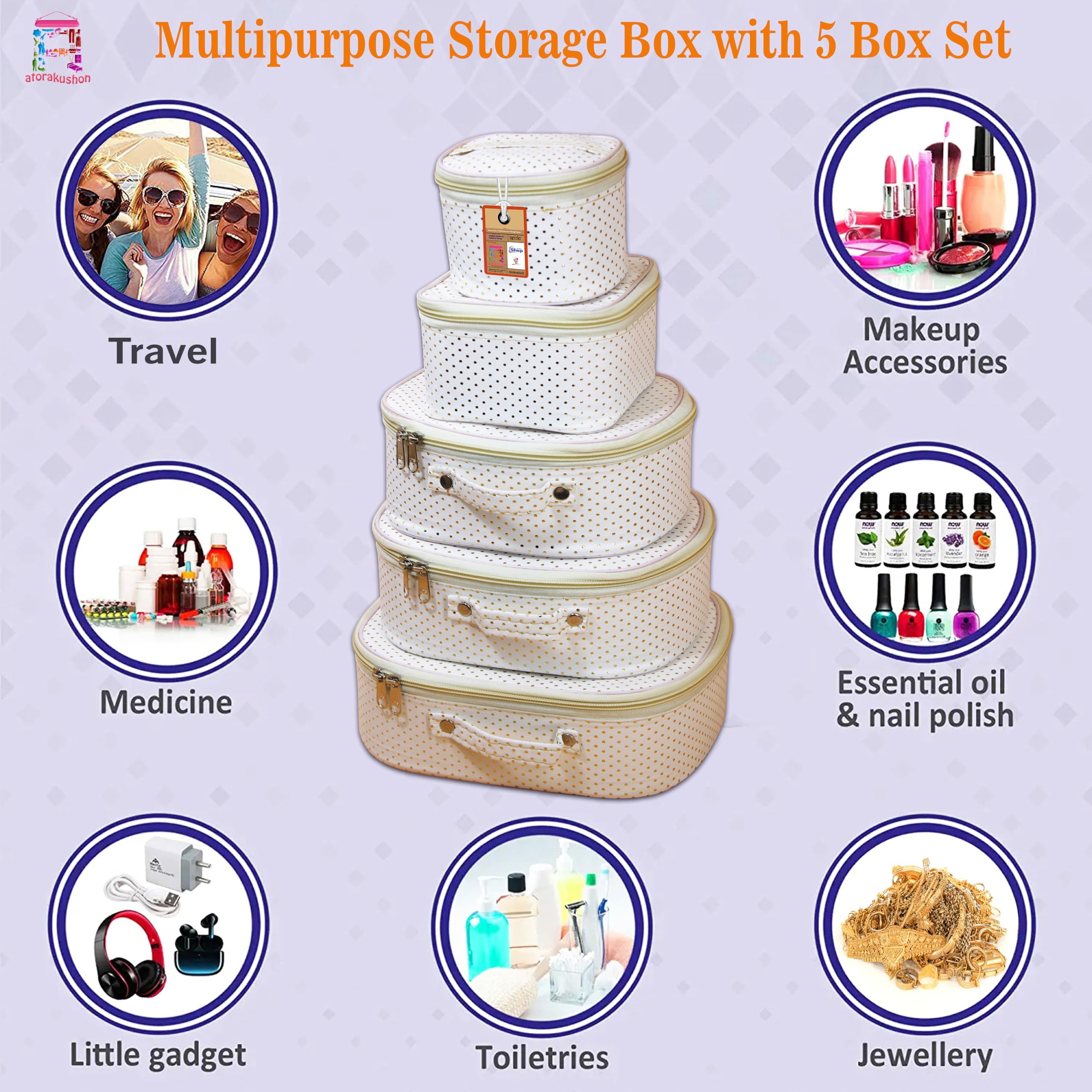 atorakushon Fabric Dotted Cream Makeup Storage Box Travelling Vanity Cosmetic Toiletry Bag Necklace Wardrobe Organizer Jewellery Pouch for Women's 1