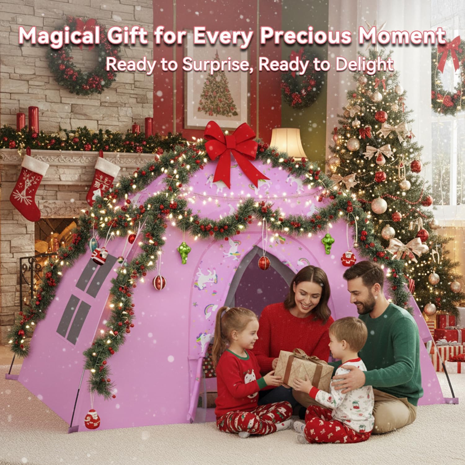 AFUNX Unicorn Play Tent for Girls Ages 4–8, Extra Large Kids Indoor Play Tent 70" L x 45" W x 43" H, Lavender Pink Foldable Tent with Rainbow & Unicorn Print, Easy Setup, Fits 2–4 Kids