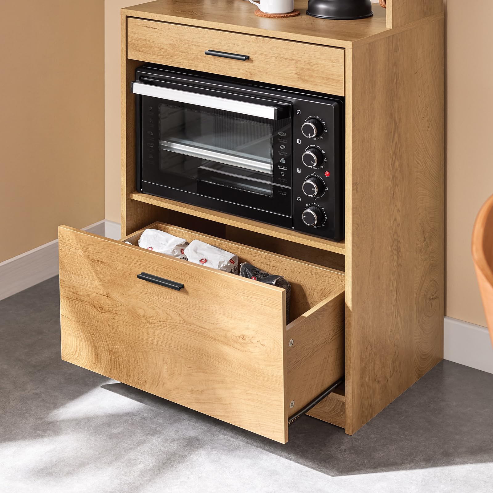 SoBuy Mikrowellenschrank mit Lochwand für Haken & Schublade, 60x170x40cm | Hochschrank mit offenem Fach & viel Stauraum, 10 kg je Fach/5 kg Schublade, PB, für Küche & Vorratsraum & Büro, FSB98-N