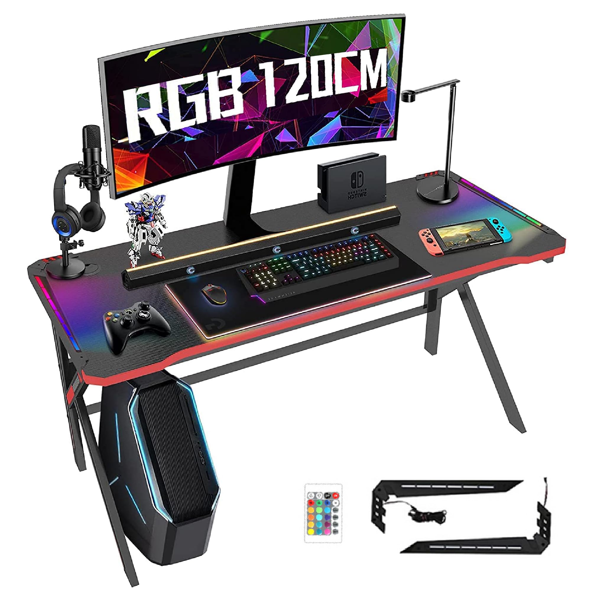 Arespark Gaming Desk with LED Lights, 47 inch K-Shaped Gaming Table with Carbon Fiber Surface, Home Office Desk for Bedroom, Modern PC Work Writing Study Desk Christmas Day Gift