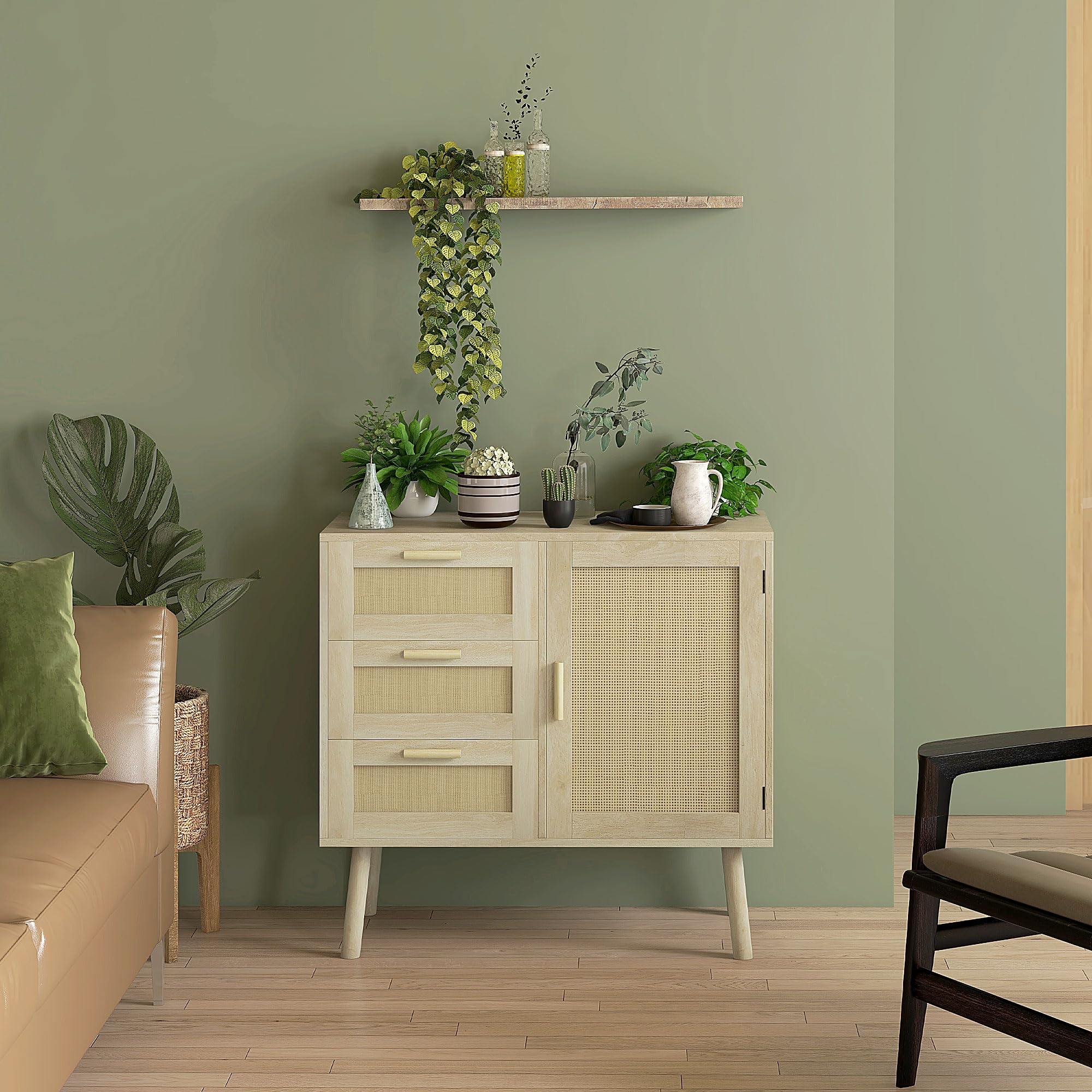 HOMCOM Mobile Multiuso in Stile Boho con Armadietto e 3 Cassetti in Legno e Rattan per Soggiorno e Ingresso, 80x36x75cm, Rovere