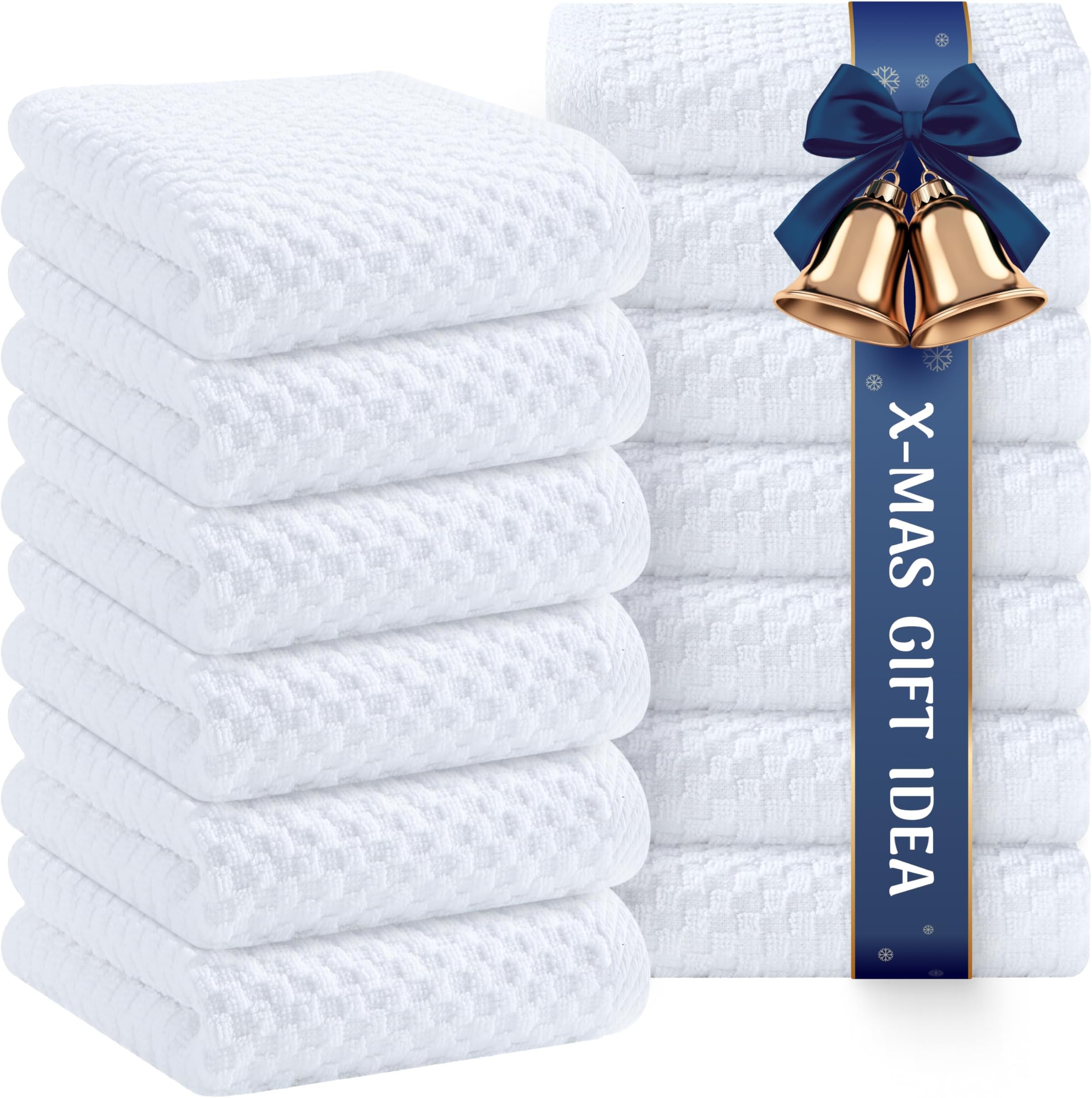 [12 Pack] Cotton Kitchen Towels - Waffle Weave for Embroidery Absorbent Terry Cloth Dish Towels for Washing Hand and Drying Dishes Rags 15x26 Inches, White