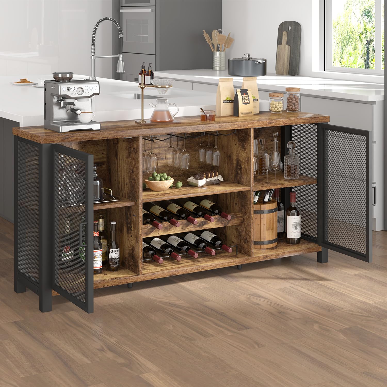 Launica Armoire de bar à café industrielle, armoire de bar à vin pour liqueur et verres, armoire à liqueur avec casier à vin, buffet en bois et métal pour la maison, la cuisine, la salle à manger