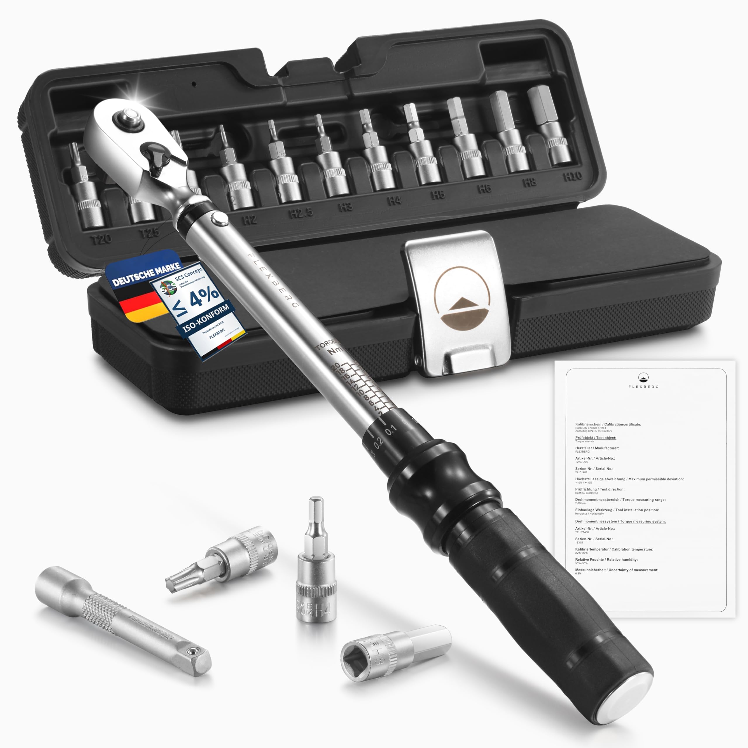 FLEXBERG Drehmomentschlüssel Fahrrad Set 2-20 Nm, Drehmomentschlüssel 1/4, Präzises Torque Wrench Set für Bike und Motorrad, Fahrrad Werkzeugset, inkl. 11 Bits & Verlängerung Baumarkt
