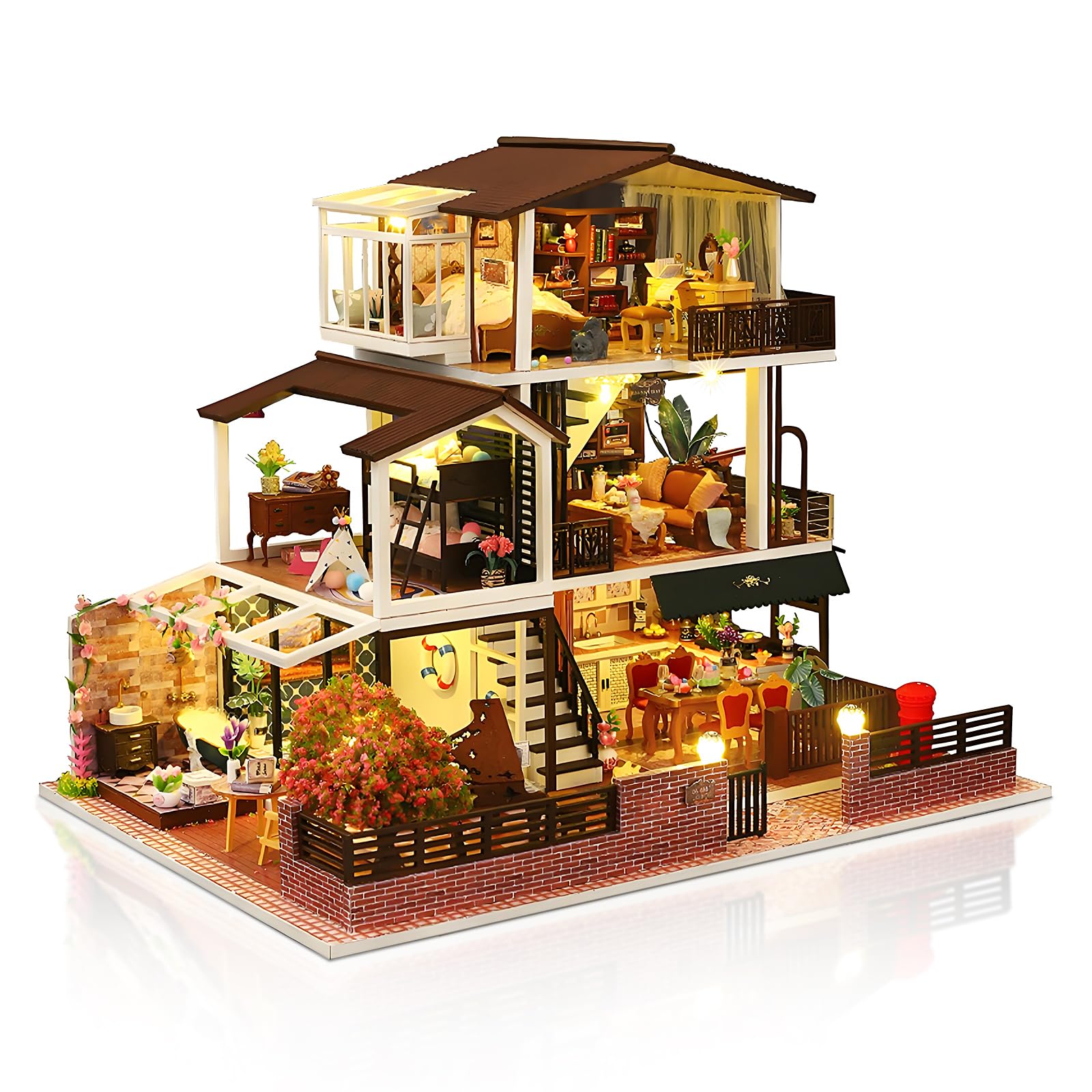 Hallisun DIY Miniature House Kit, Tiny 3D Wooden European Retro Villa, Mini Dollhouse Building Kit with Dustproof Cover & Music Movement, Creative