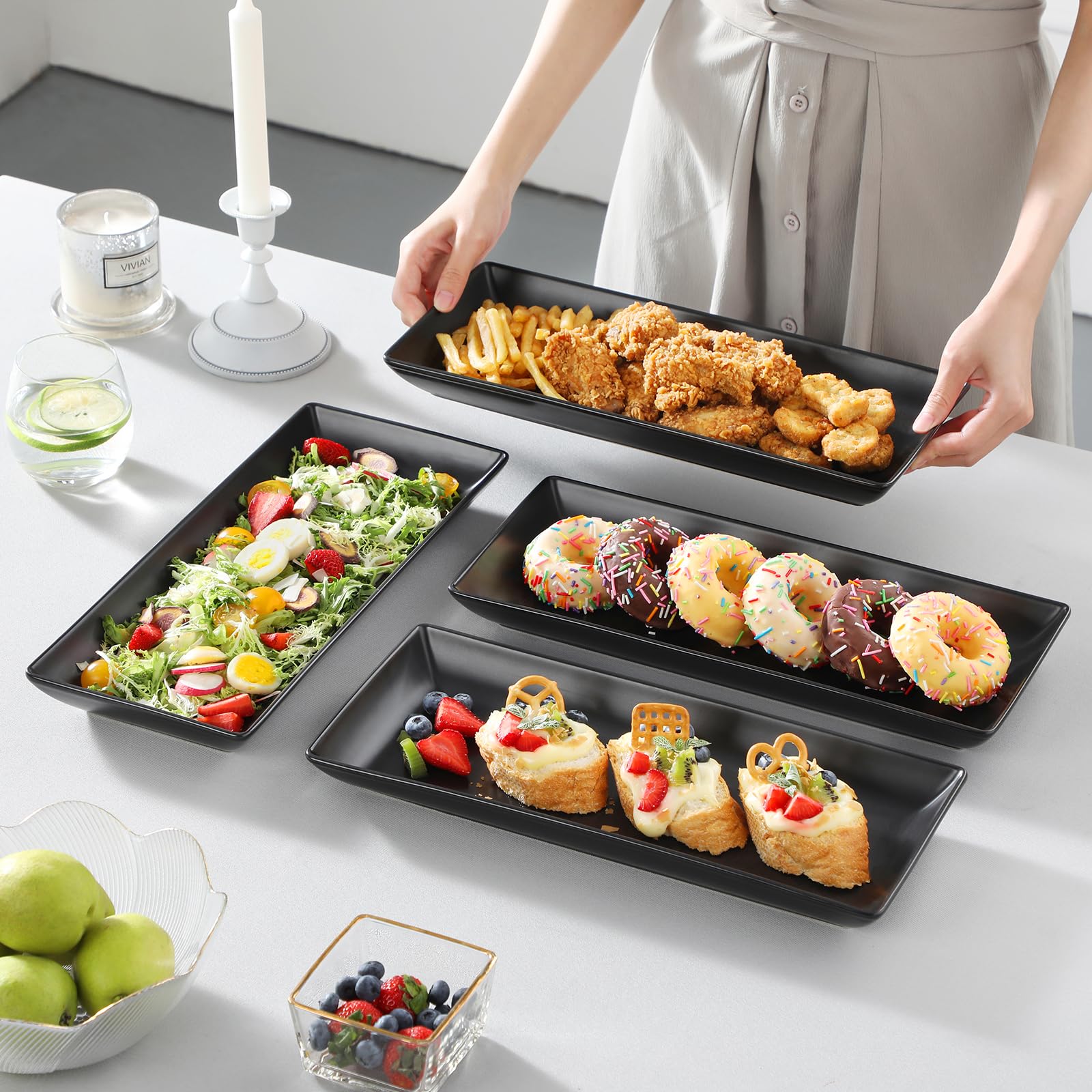 MALACASA Piatti da Portata in Porcellana 36 x 15,3 x 3,6 cm, Set di 4 Pezzi, Piatti da Portata Rettangolari Grandi per Buffet, Sushi, Torte, Antipasti a Casa, Feste o al Ristorante, Nero Opaco