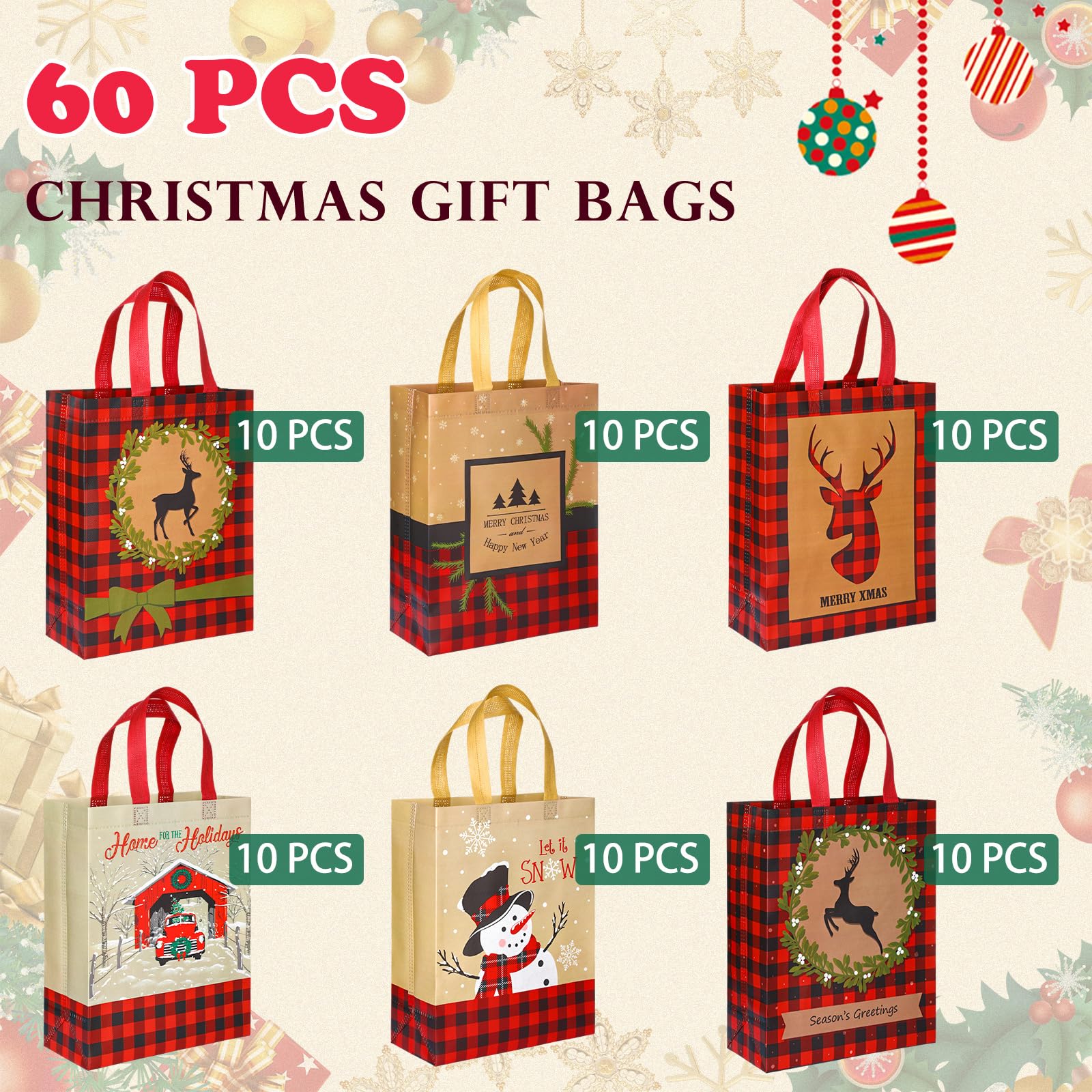 Sweetude 60 bolsas de Navidad reutilizables a granel a cuadros de renos feos no tejidas con asa para fiestas de Navidad, 12.6 x 9.84 pulgadas