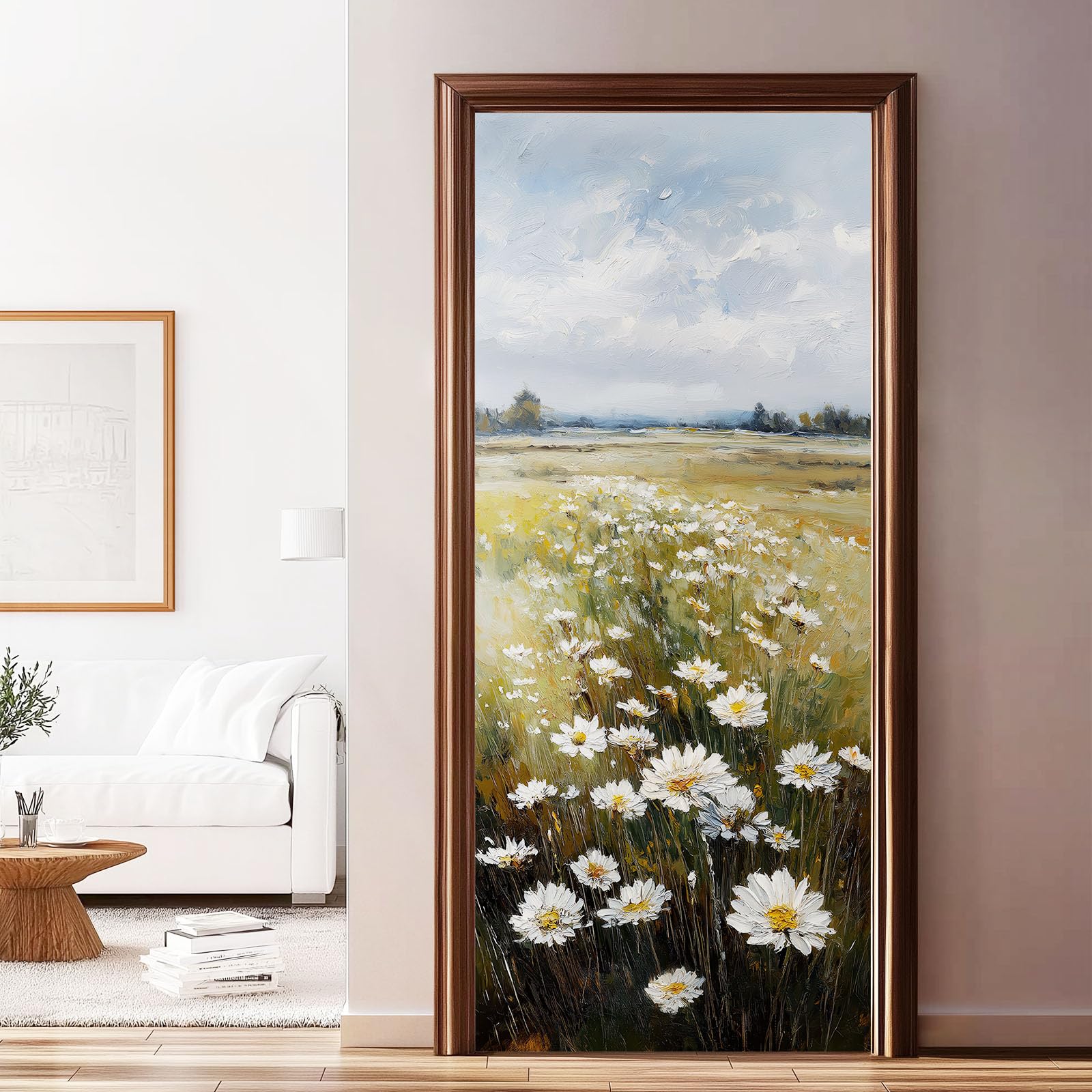 Malarstwo olejne styl naklejka na drzwi 95 x 215 cm, vintage pole kwiatowe, krajobraz PCW, samoprzylepny, plakat na drzwi, fototapeta, brązowo-zielona, wodoszczelna, winylowa, zdejmowana naklejka na