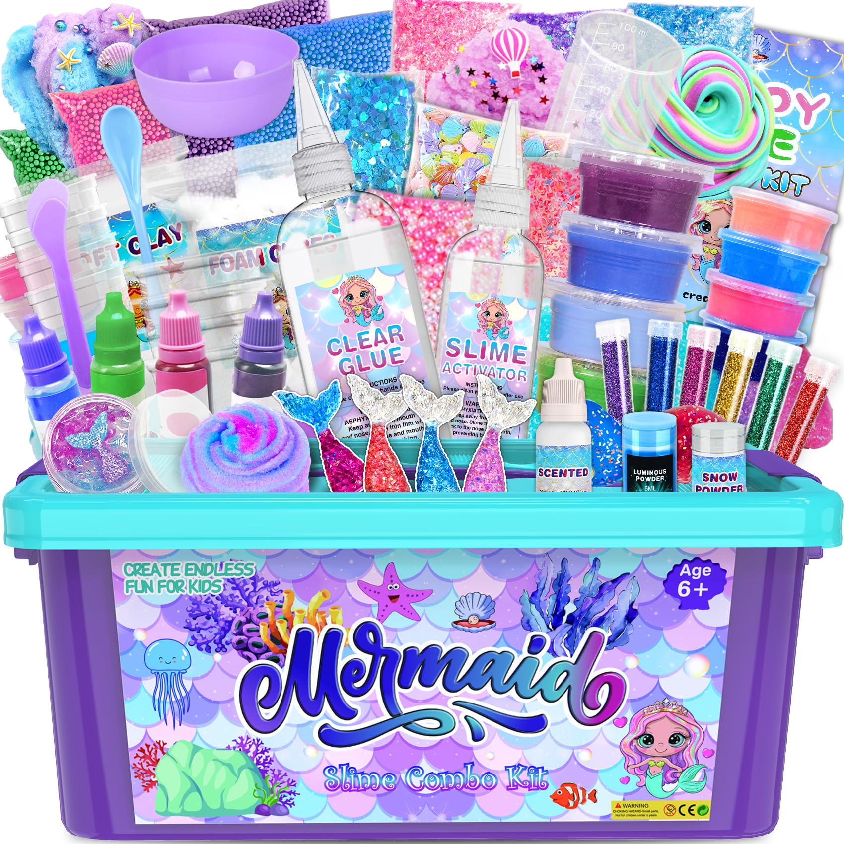 Summer Mermaid Slime Kit, Shimmer DIY Slime Toy Making Kit, Glow in The Dark Mermaid Gifts for Easter Birthdays Christmas Party Favor Family Activity for Grandkids