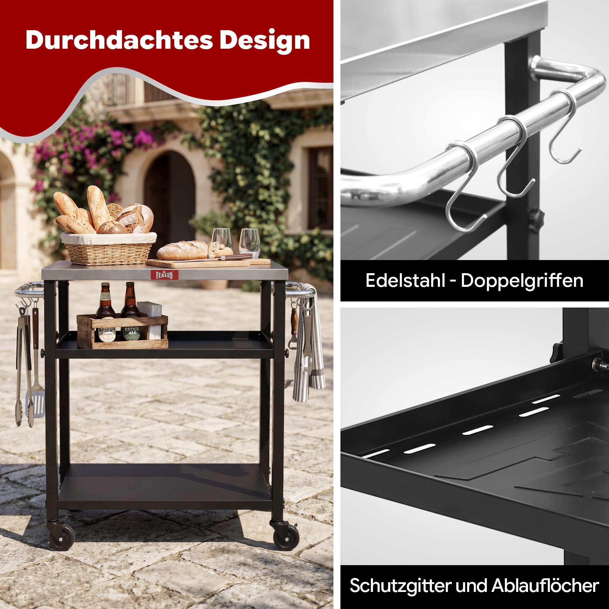 Grillwagen Outdoor Grilltisch Outdoor wetterfest Pizzatisch Servierwagen | 87,5x41x84cm mobile outdoor-Küche mit Edelstahlplatte, höhenverstellbarer Mittelregal, für Terrasse, Küche