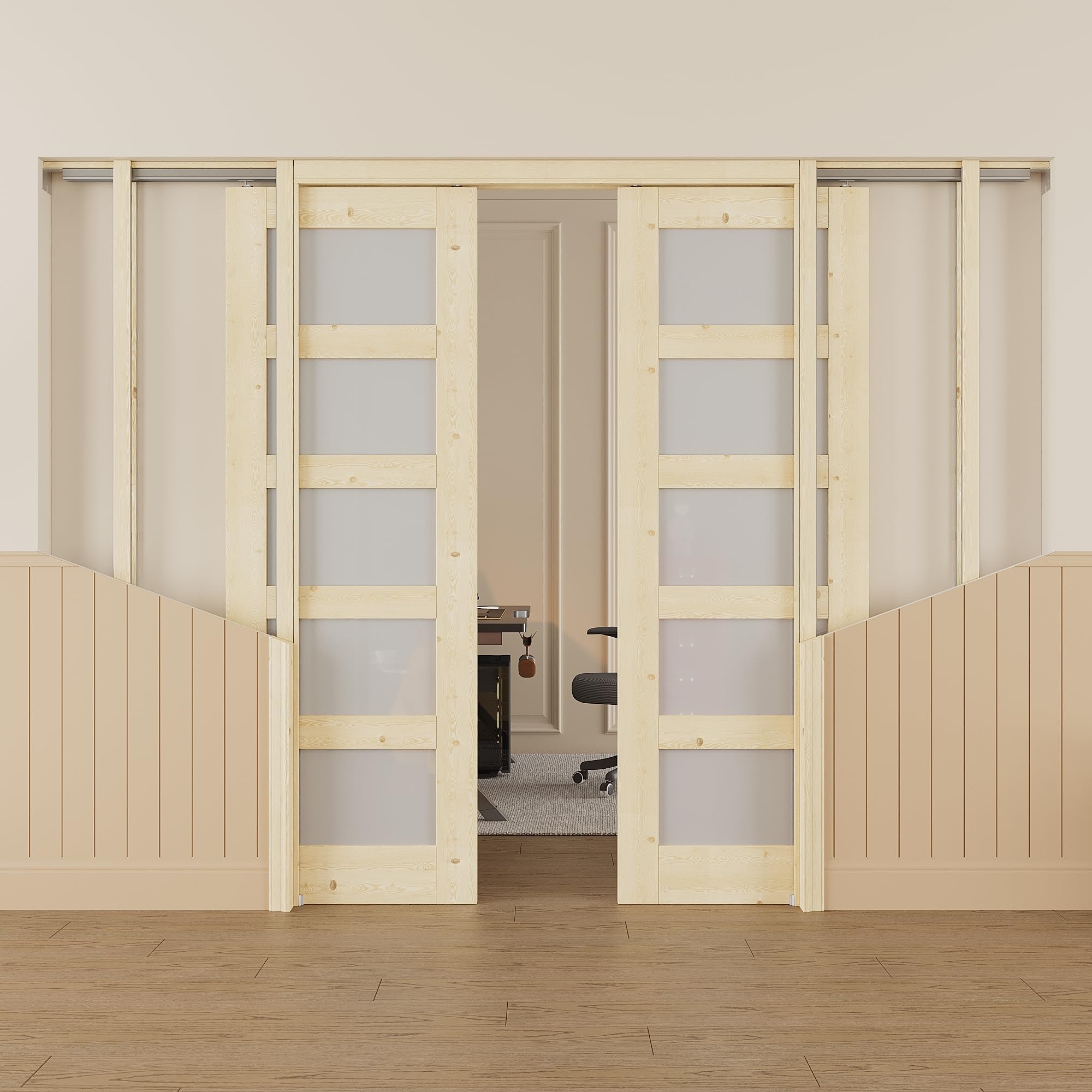 48x80 Sliding Double Pocket Door,5 Lite Frosted Glass Doors,French Door