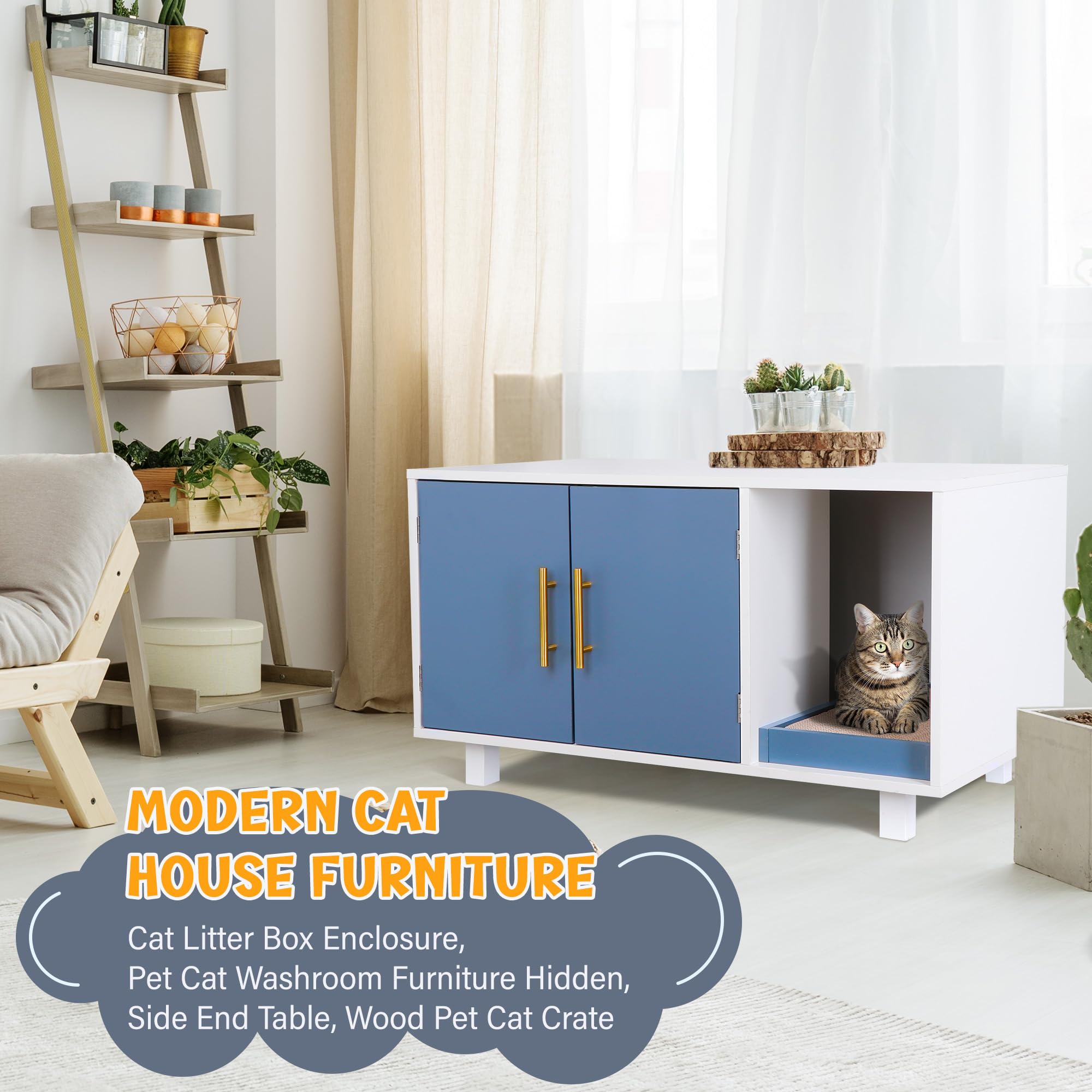 ZENY Modern Cat Litter Box & House, Wood Cat Enclosure with Scratch Pad, Side Table, Hidden Washroom Furniture, White - image 6