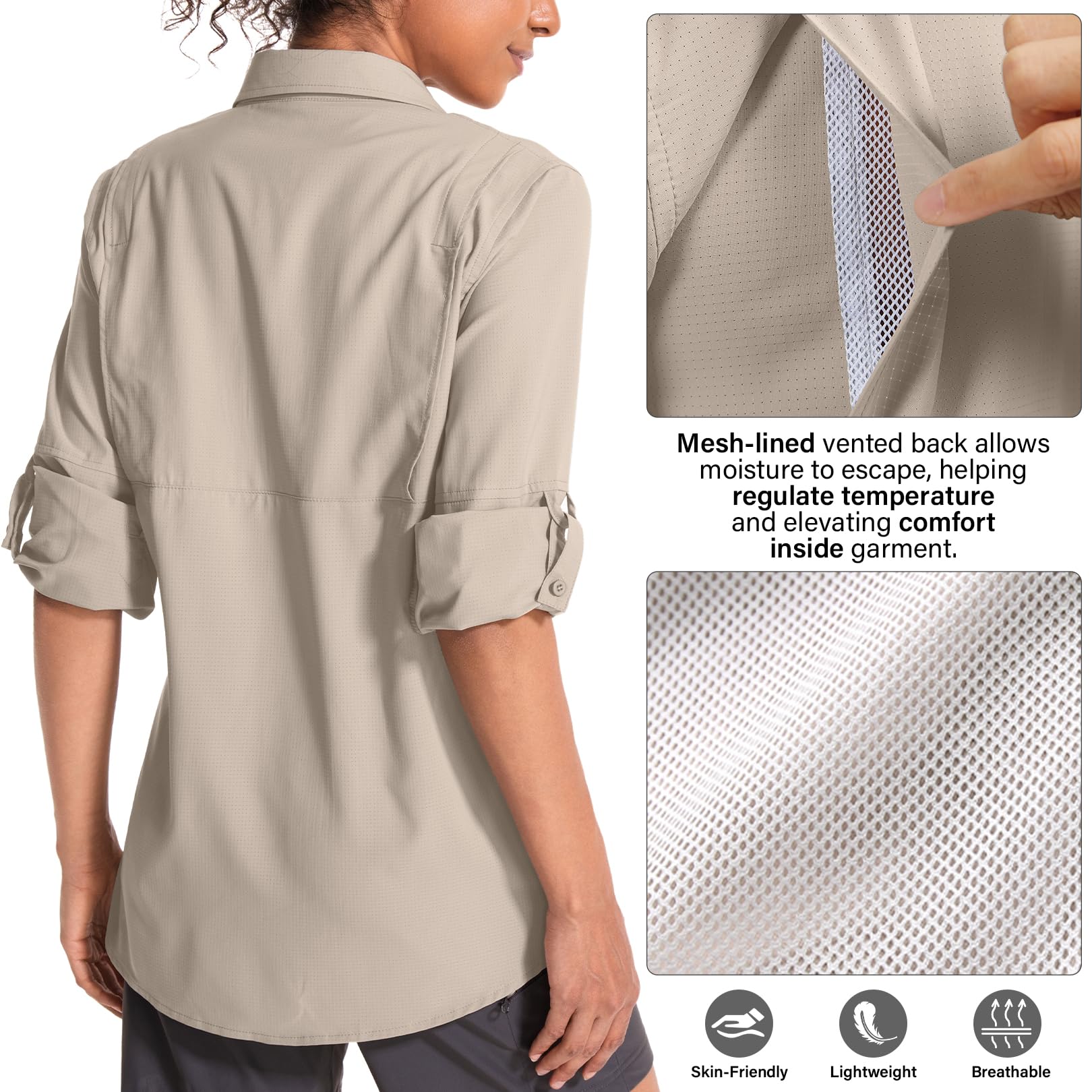 Langärmeliges Sonnenshirt für Damen, LSF 50, Safari, Wandern, Angeln, schnelles Selbermachen, UV-Schutz, Knopfleiste, Reise-Shirt für Gartenarbeit