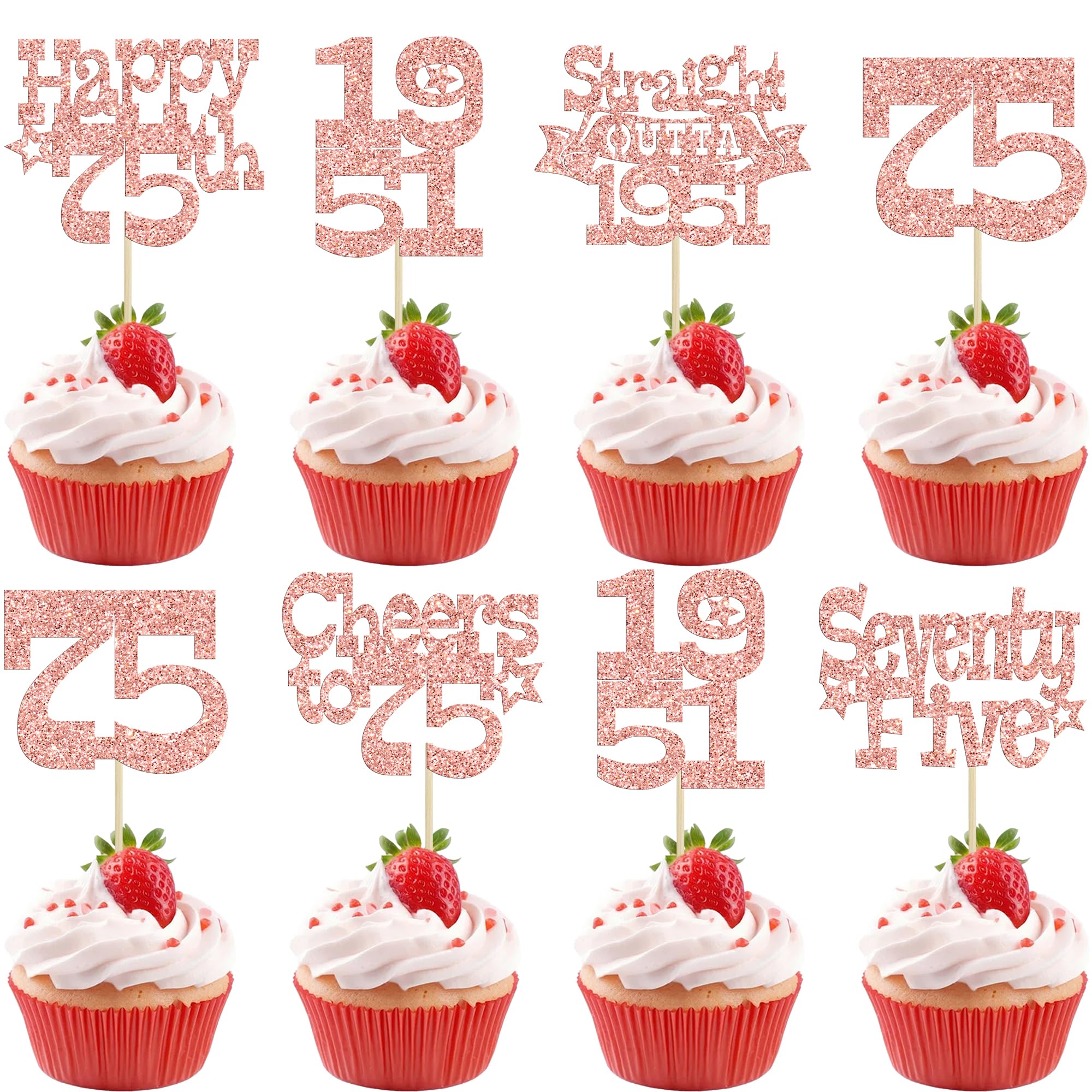 Ephlyn 30Pcs Happy 75th Birthday Cupcake Toppers Glitter Seventy Straight Outta 1951 Cupcake Picks Cheers to 75 Years Cake Decorations for Happy 75th Birthday Anniversary Party Supplies Rose Gold