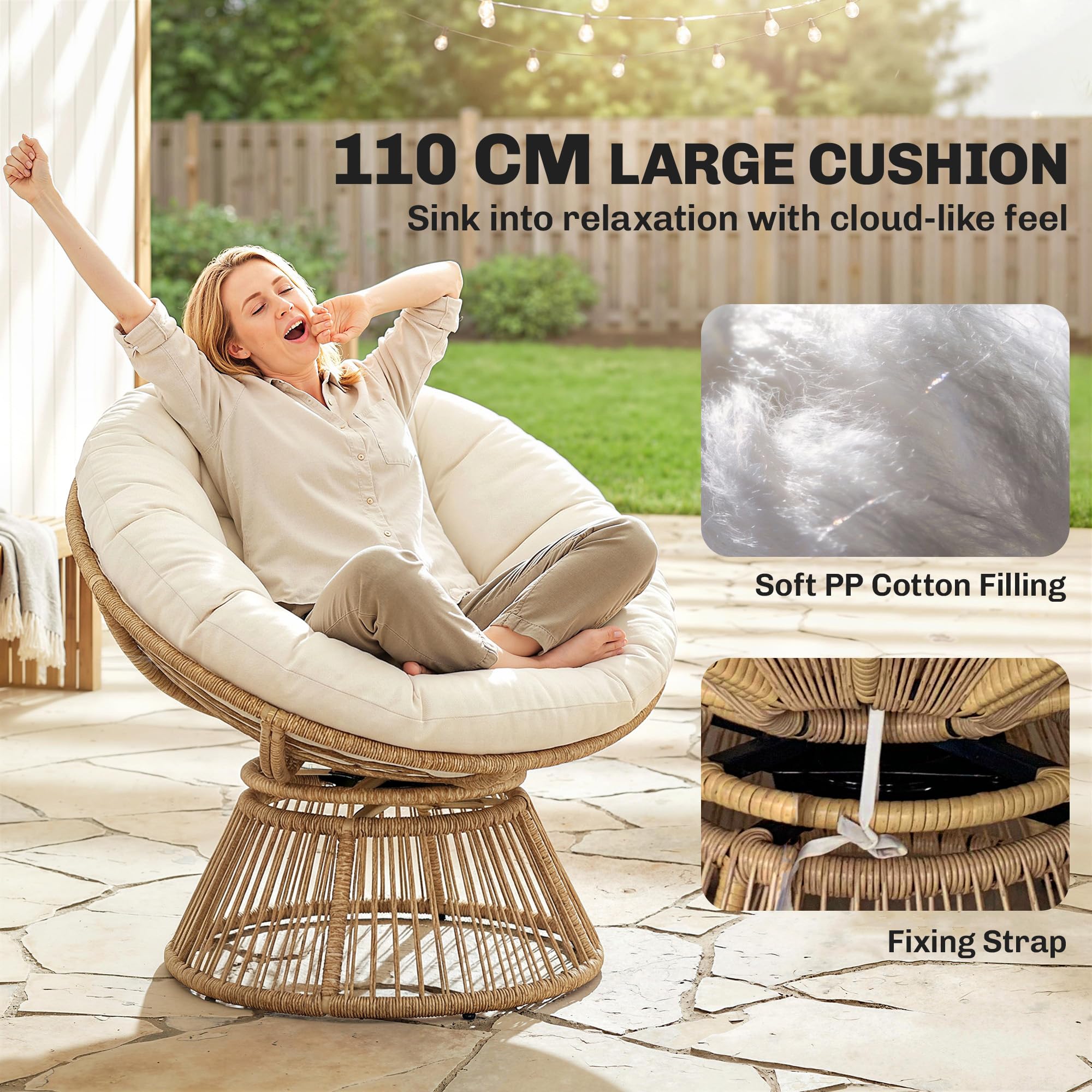 Outsunny Papasansessel 360° drehbar Korbsessel mit Kissen Stahlrahmen runder Rattansessel Loungesessel aus Polyrattan Drehsessel für Wohnzimmer Leseecke Lounge Cremeweiß