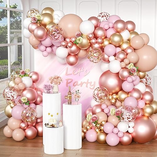 Kit de guirnalda de arco de globos de oro rosa, 154 unidades, globos color rosa pastel metálico dorado blanco y globos de confeti de oro rosa para